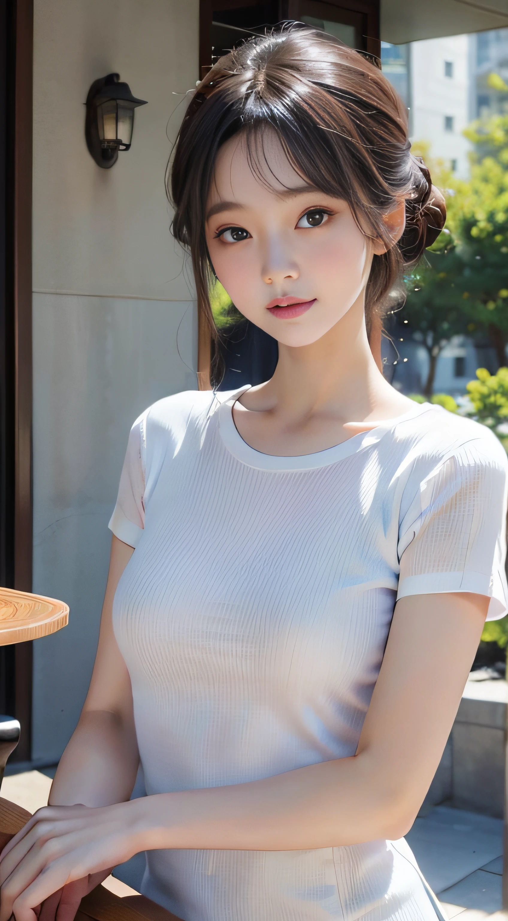 ​masterpiece、Top image quality:1.2、((beautiful young woman with))、Transparent skin:1.2、{A slight smil}、(kawaii)、Transparent short sleeve knit:1.2、luxury hotel、depth of fields、Sharp Focus、Fine details