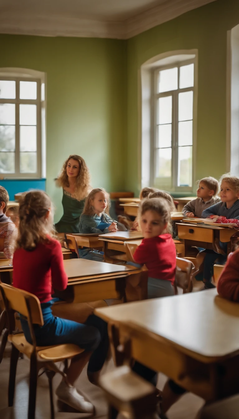 Dans la salle de classe，The teacher gives lessons to the students，Beau professeur，Clivage en gros plan，mise au point nette sur les yeux, regarde la camera, assise