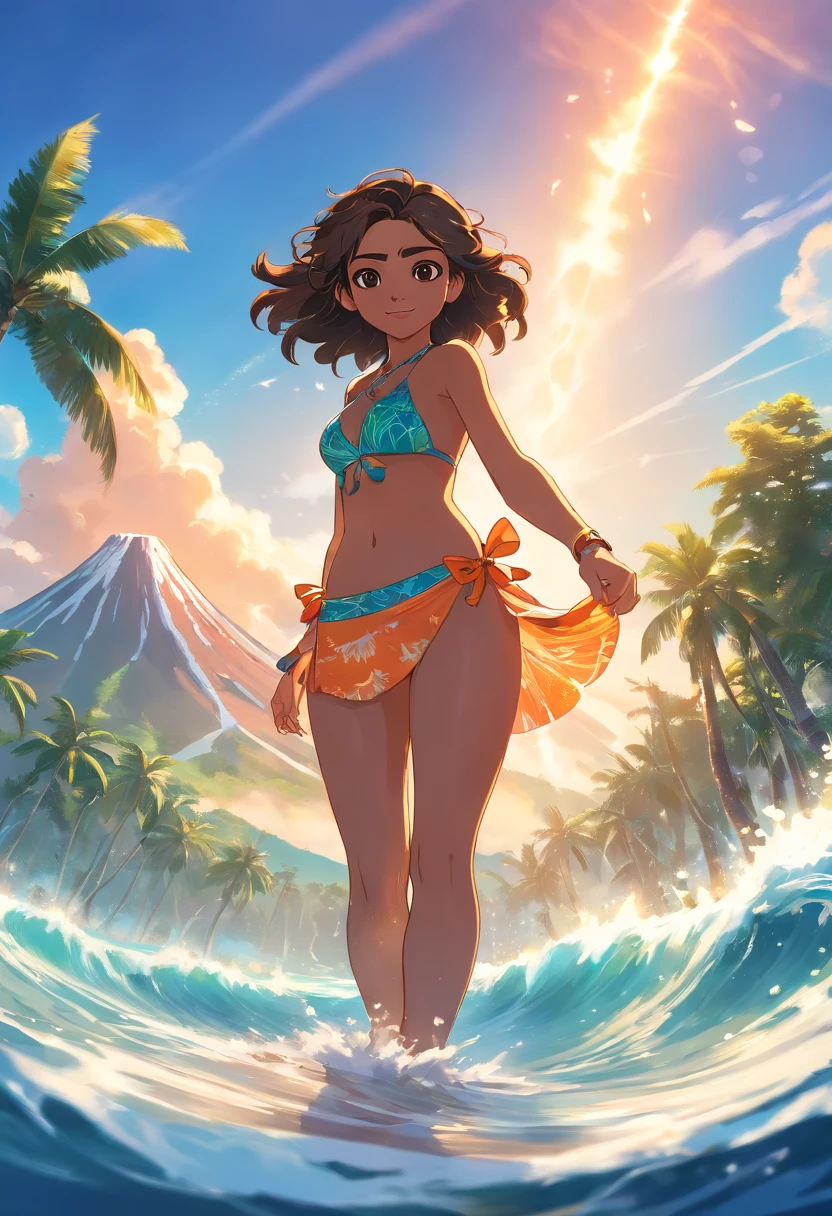 epic movie poster, volcano erupting, award winning (full body:1.3) portrait photo of a (moana:1.2), (seashell bikini:1.2), (water goddess:1.2), tribal tattoos, (wading:1.2) in the pacific (ocean:1.1), arms behind head, (partially submerged shot:1.2), (waves:0.9), desert island background, palm trees, beach,fluffy clouds in the sky, outrun, vaporware, trending on artstation, highly detailed, fine detail, intricate, (lens flare:0.9), (backlighting:0.9), (bloom:0.9), [Style-Micro::10]