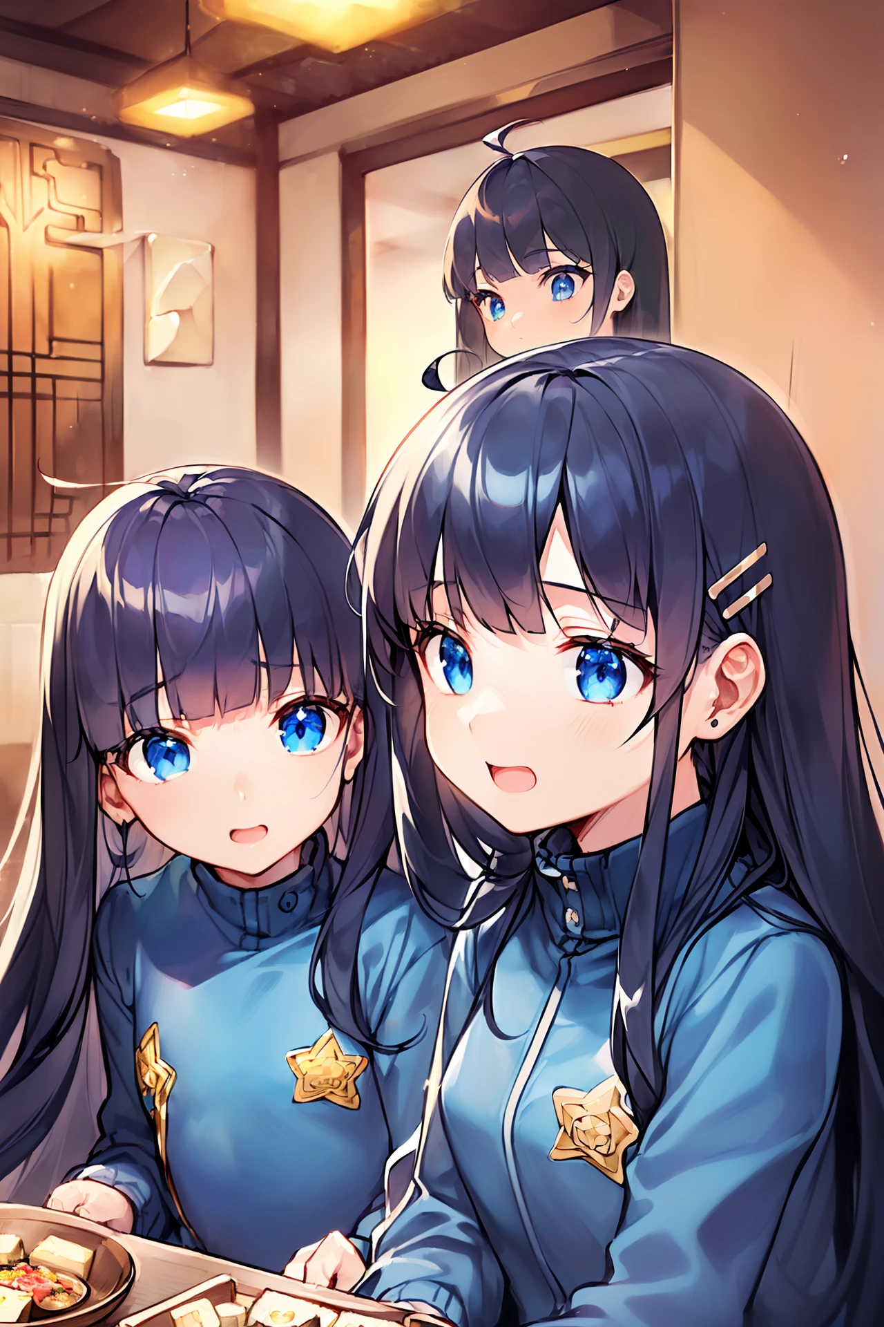 (((masterpiece))), (((Best Quality))), (((Ultra high definition))), (((High resolution))), (((hight resolution))), (((8K))), (((Exquisite))), (((Very Beautiful))), (((absurderes))), (Dark blue hair), (1girl:-1), (1girl and 2friends:1.4), (Gamine:1.4), (Very long sideburns of dark blue color), Very cute, Moe Anime Style, Depiction of a crystal clear face, Highly detailed eye depiction, (Dark blue straight long hair:1.3), (Super long and thick sideburns of dark blue color:1.4), (Dark blue bangs with super large split:1.4), (Simple Hair Clip:1.2), (Very small blue eyes:1.4), (Very small eyes:1.4), (Very small eyes), ((A detailed eye:1.3)), (((Clear eyes))), (A little sagging eyes:1.3), (One star in the eye:1.4), (Super thick sideburns and super long sideburns:1.2), (Super long and thick sideburns:1.1), (Very small breasts:1.4), ((Very small breasts:1.3)), (Super small breasts), (Ahoge:1.2), (Laughing:1.2), (Blue Tracksuit:1.3), (sit a chair:1.3), (Chinese Restaurant:1.02), (Tofu dishes:1.4), (The number of tofu dishes that look very tasty:1.22), (Very spacious table:1.4), (From above:1.4), (Looking away:1.4), (((Looking away))), (Chatting with friends:1.4), (Chatting with friends:1.4)