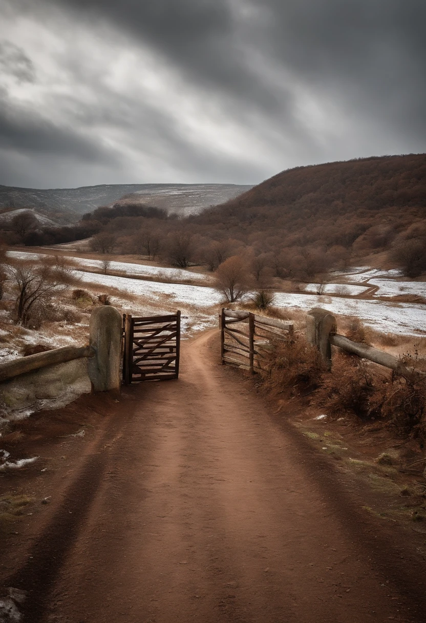 Desenho de uma estrada de asfalto. O lado direito da estrada tem um muro de pedra baixo abandonado e desfeito. The wall has a rusty metal gate in the middle. The sky is clear. The floor is covered in muddy snow. The topography is flat. The rest of the landscape is filled with evergreen trees.