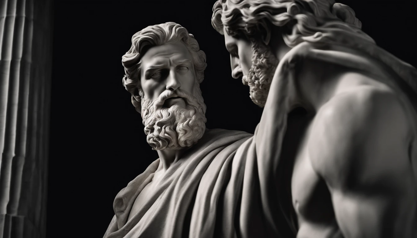 A white marble statue of a muscle, Bearded man with a stern look in a dark square at night, in the style of photographers Annie Leibovitz and Peter Lindbergh.