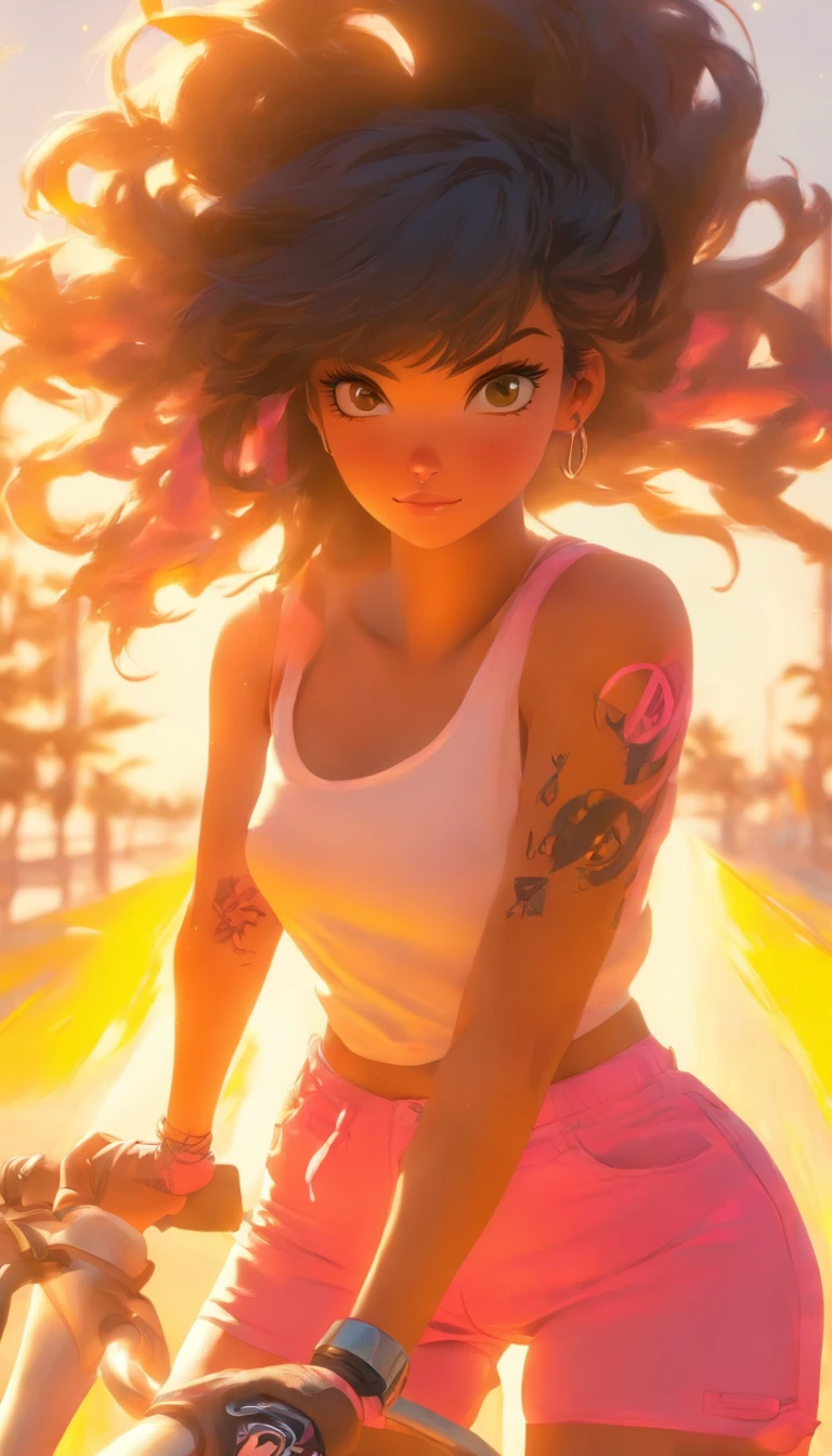 a woman stokke in a white top and pink shorts is standing next to a bike with a yellow background and, by Quentin Tarantino, 1girl, bracelet, ((raven colored hair)), jewelry, letterboxed, lips, long_hair, makeup, medium_breasts, midriff, nail_polish, navel, necklace, nose, orange_sky, pink_shorts, realistic, shorts, solo, sun, sunset, tattoo,wristband, yellow_background, yellow_sky, beautiful detailed glow, detailed, Cinematic light, intricate detail, highres, detailed facial features, high detail, sharp focus, smooth, aesthetic, extremely detailed, stamp, octane render,