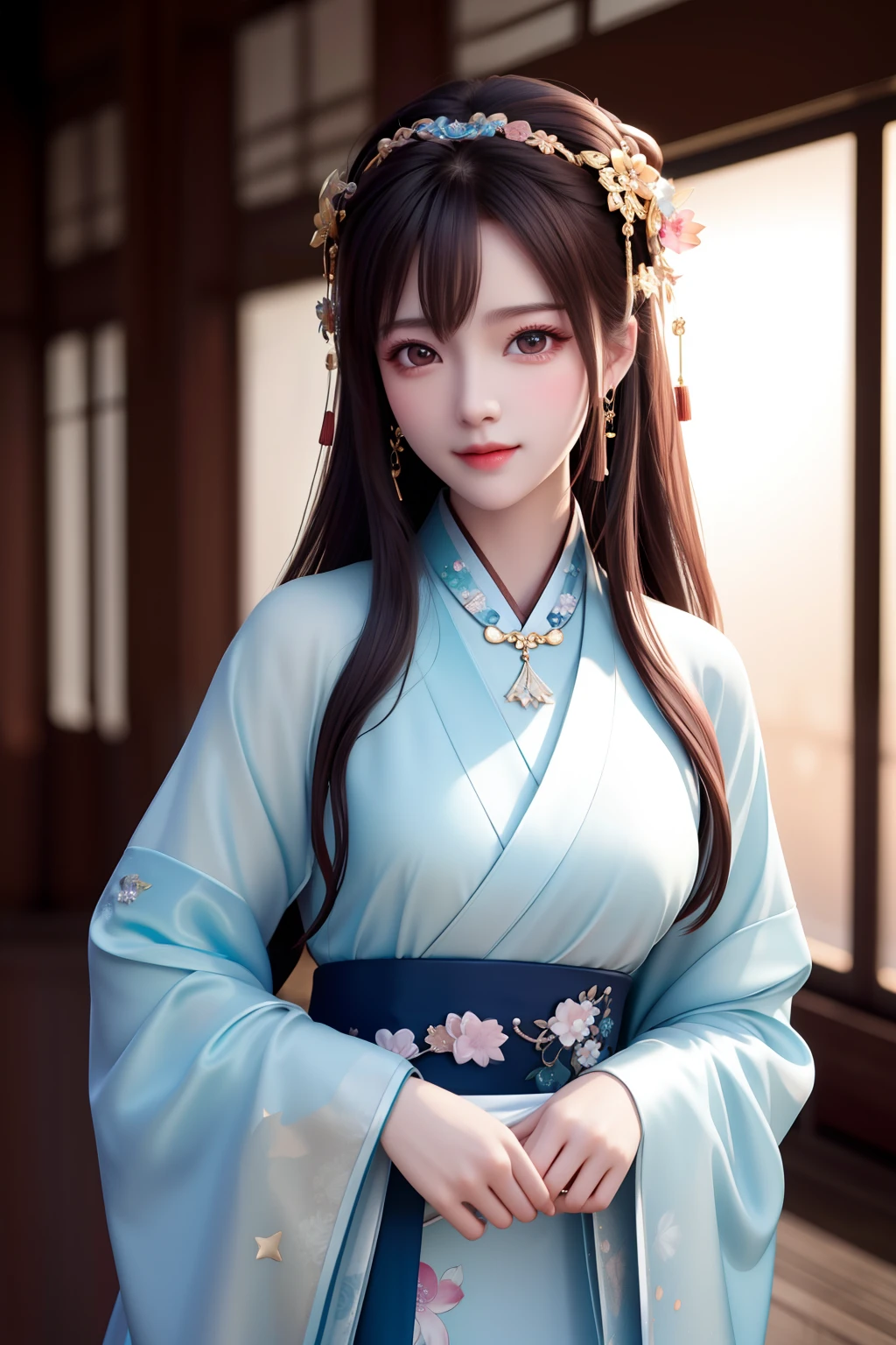 best quality, masterpiece, highres, 1girl,blush,(seductive smile:0.8),star-shaped pupils,china hanfu,hair ornament,necklace, jewelry,Beautiful face,upon_body, tyndall effect,photorealistic, dark studio, rim lighting, two tone lighting,(high detailed skin:1.2), 8k uhd, dslr, soft lighting, high quality, volumetric lighting, candid, Photograph, high resolution, 4k, 8k, Bokeh