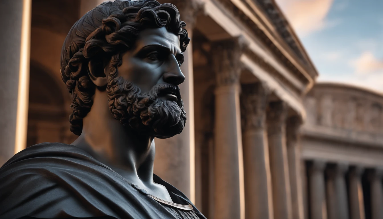 Ultra-realistic photo of Roman black marble statue, do estoicismo, with muscles and beard,  Looking slightly at the sky, com detalhes intrincados, a melhor qualidade, and an extremely detailed compositionConcrete columns from ancient Rome in the background, with sunset lighting on the face, 8k, hd
