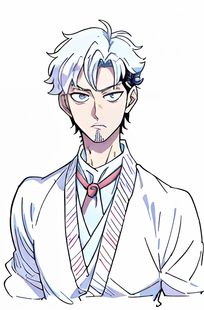 The stable diffusion prompt for the given theme is: "(best quality, 4K, 8K, highres, masterpiece:1.2), ultra-detailed, (realistic, photorealistic, photo-realistic:1.37), a 40-year-old man tying a tie and wearing a shirt, inspired by the manga styles of Masanobu Okumura and Kentaro Miura, his manga portrait, inspired by the animated characters of Uncle Ito from Ito Junji, inspired by Okumura Higashi, Kentaro Miura's manga style, Shiro Majima, handsome anime character.",white background