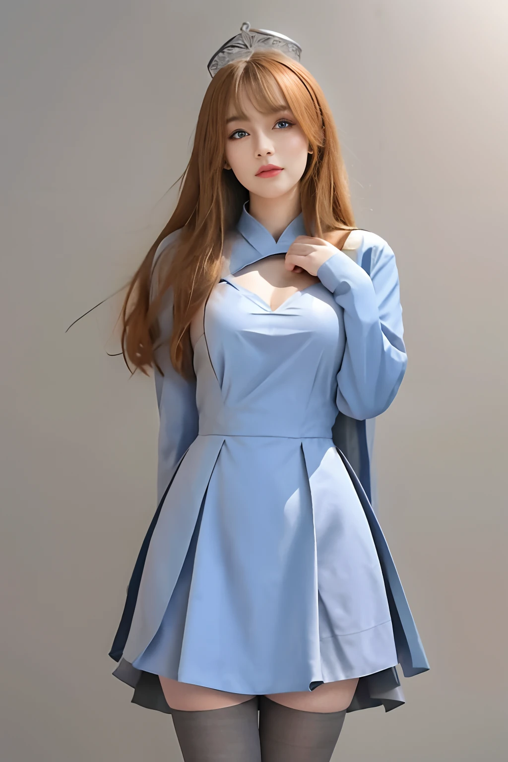 8K，Need，tmasterpiece，high detal，Semi-realistic，hoang lap，bump，1 girl，younger female，Chinese girl，Pouting，19years old，lieutenant，Long blonde hair covered by bangs on his right eye，blue right-eyed，Jewelry Crown，Azure Chinese loli dress，long  skirt，Light gray stockings，slimfigure，full-body portraits，akimbo，Blue and gray high heels，Cross your hands at the waist，Kiss，Light gray stockings，Stockings，Sell moe，Akimbo，big breasts thin waist，Add details