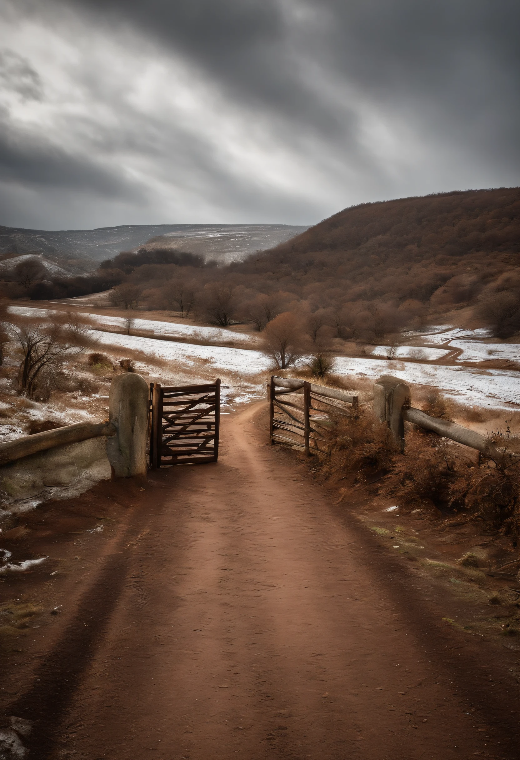 Desenho de uma estrada de asfalto. O lado direito da estrada tem um muro de pedra baixo abandonado e desfeito. The wall has a rusty metal gate in the middle. The sky is clear. The floor is covered in muddy snow. The topography is flat. The rest of the landscape is filled with evergreen trees.