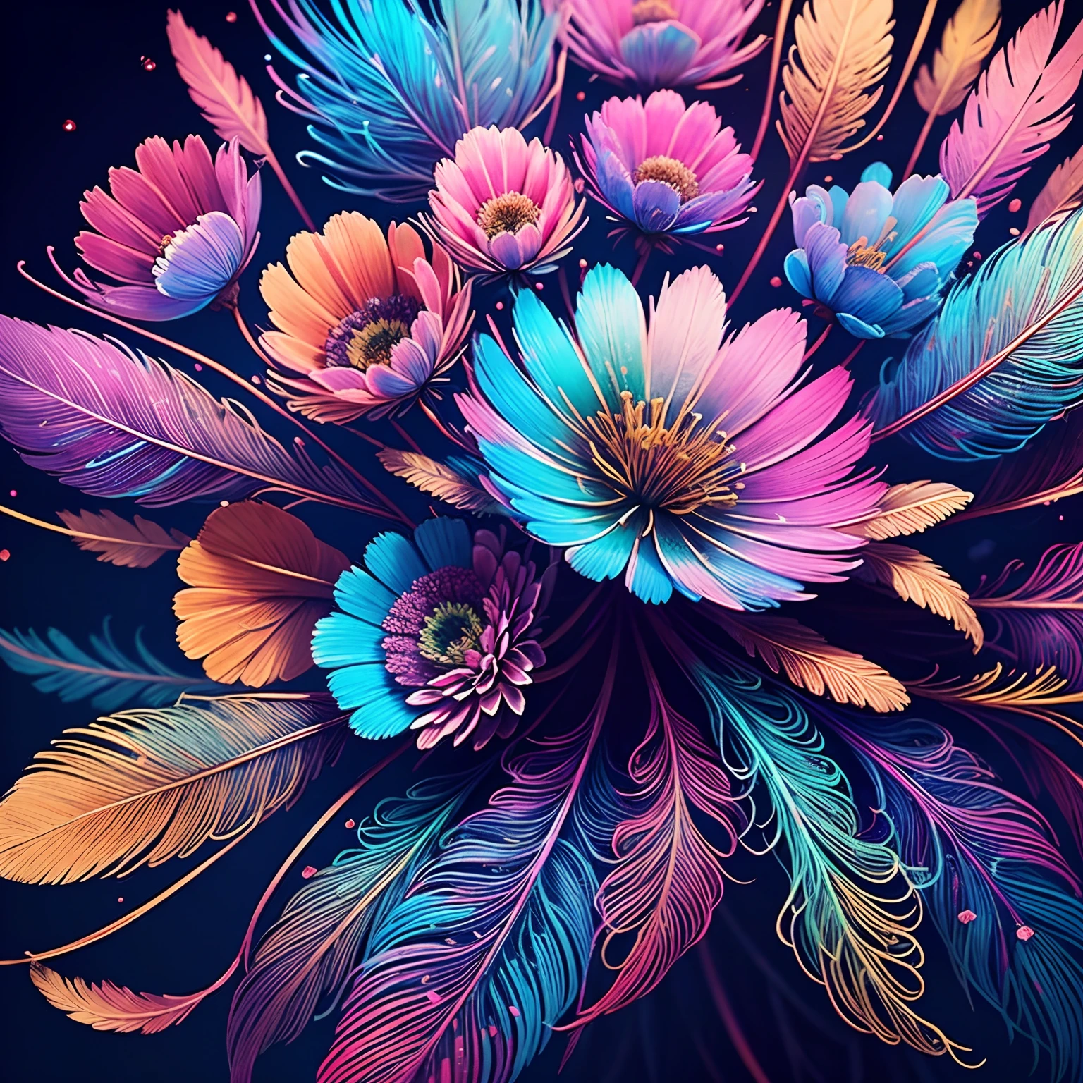 top-quality,Best Quality,feather,Beautiful and aesthetic flowers:1.2,Realistic Cosmos:1.3,Extremely detailed,Fractal Art:1.2,Colorful:1.1,Flowers:1.3,highest details,Zentangle:1.2,Dynamic,There are also many colors in the background,Abstract background:1.4,Many colors:1.4,feather:1.5