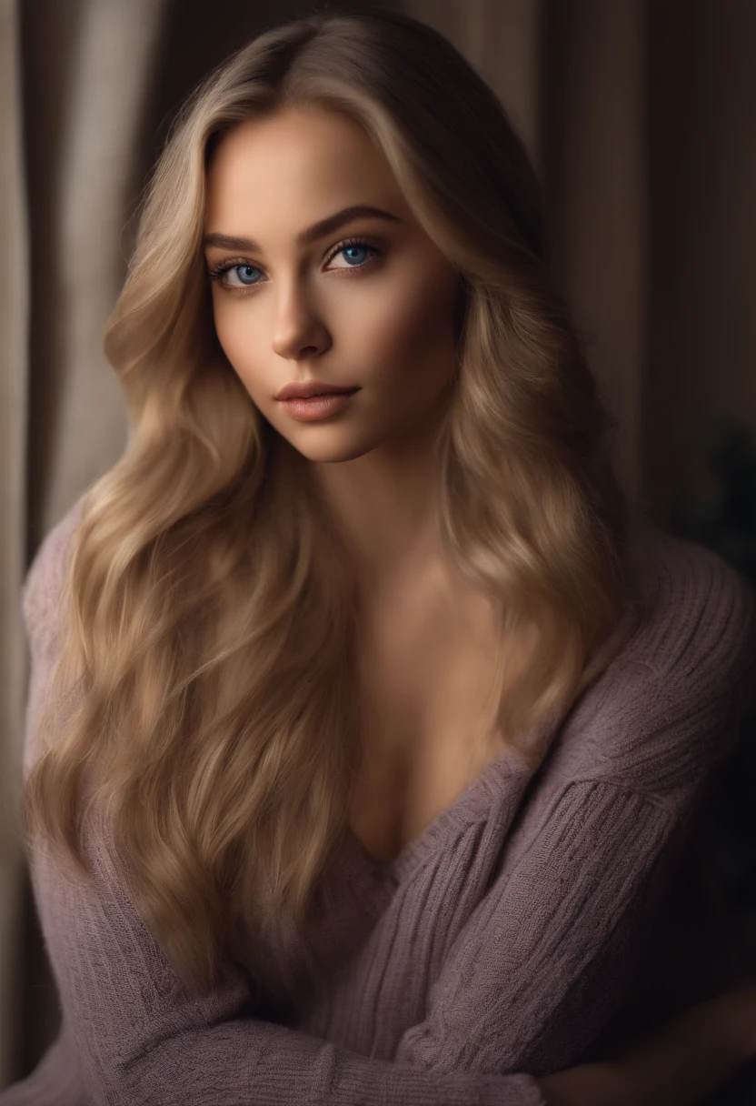 arafed woman fully , sexy girl with blue eyes, ultra realistic, meticulously detailed, portrait sophie mudd, blonde hair and large eyes, selfie of a young woman, bedroom eyes, violet myers, without makeup, natural makeup, looking directly at the camera, face with artgram, subtle makeup, wearing a comfy sweater, large size bust