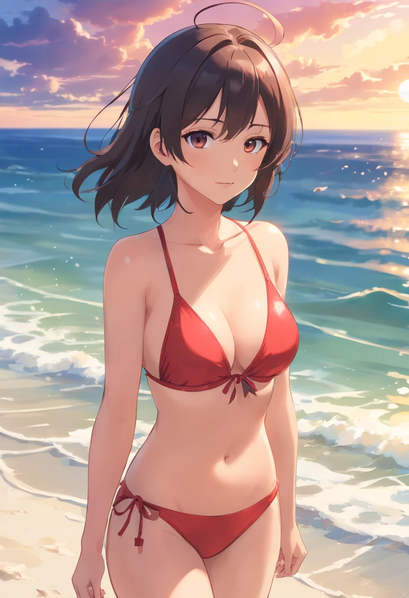 one-girl，cropped shoulders，Huge breasts，Portrait photo，Particularly large breasts，Off-the-shoulder attire，，cleavage，Open navel，Upper body photo，Black color hair，red bikinis，比基尼，swim wears，sandbeach，the sea，Close-up shot，Clouds，the setting sun