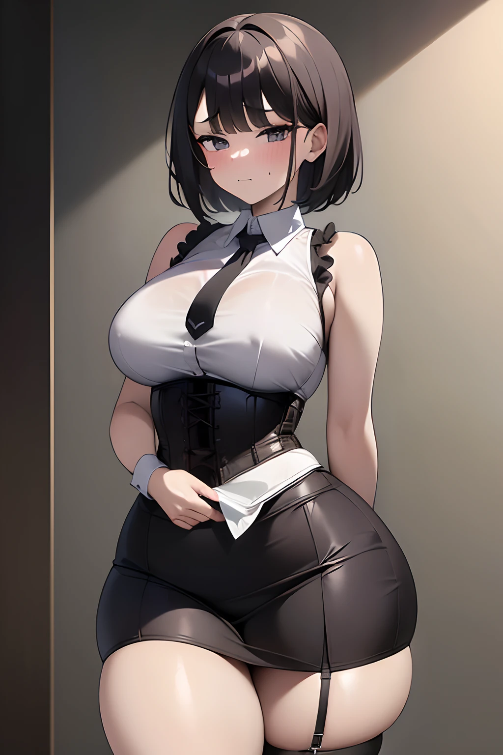 (masterpiece, best quality), 1girl, black hair, short hair, bangs, slim, (wide hips, thick thighs), looking at viewer, bound arms, arms behind back, bondage, ropes, (dress shirt, tie, corset, skirt), (masterpiece), (best quality:1.2), absurdres, intricate details, (Erotic face:1.4)