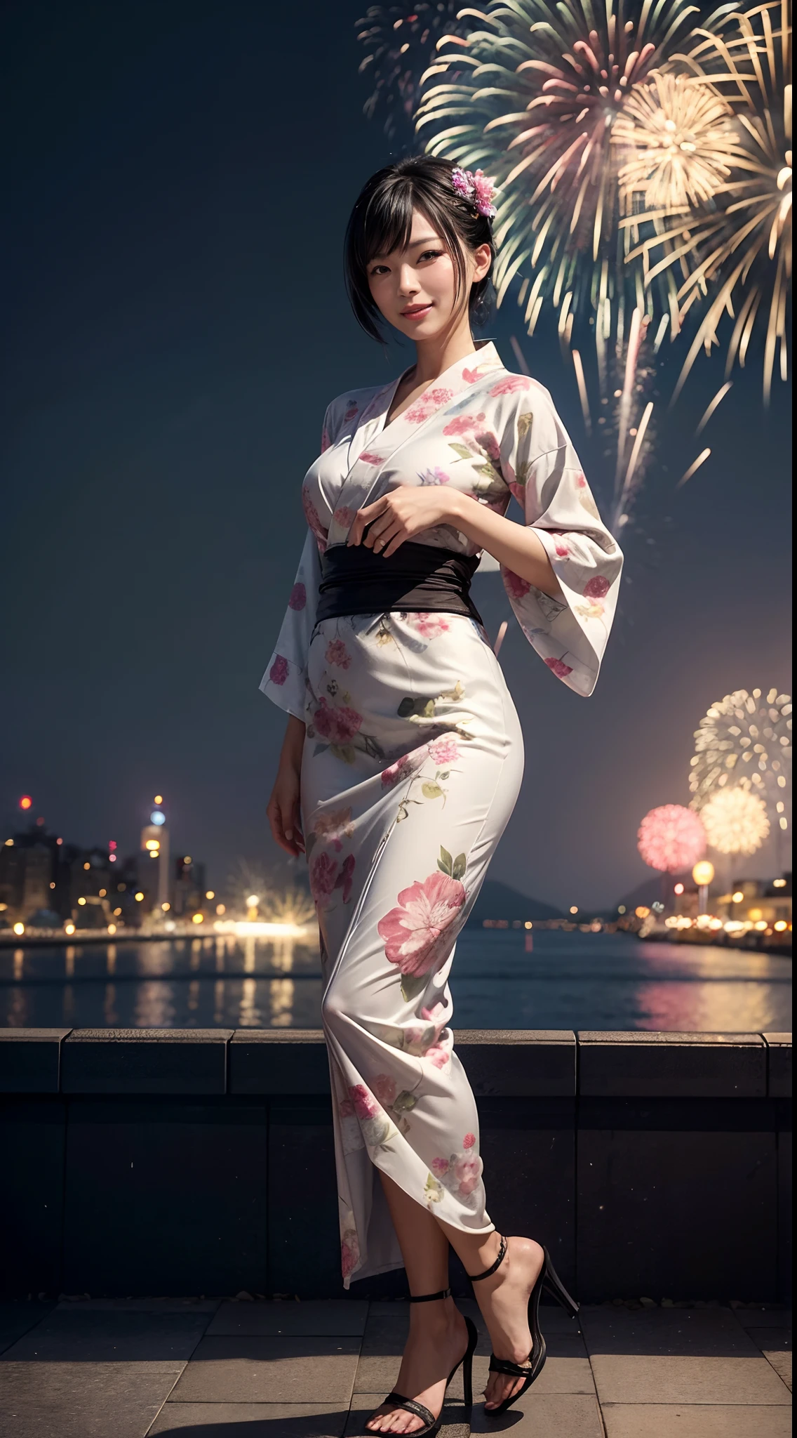 ((masterpiece)), close up shot, best quality, Full body, solo, Japanese woman, tall body, sexy body, sexy, enchanting, tight skin, big and firm breasts, (wearing a yukata), smile, (masterpiece, best quality, detailed skin texture, detailed fabric texture, beautiful face details, intricate details, very detailed ), Short black hair, dynamic pose, on the roof, Tokyo street ,night, cityscape, city lights, fireworks festival,((fireworks in the sky)) ,