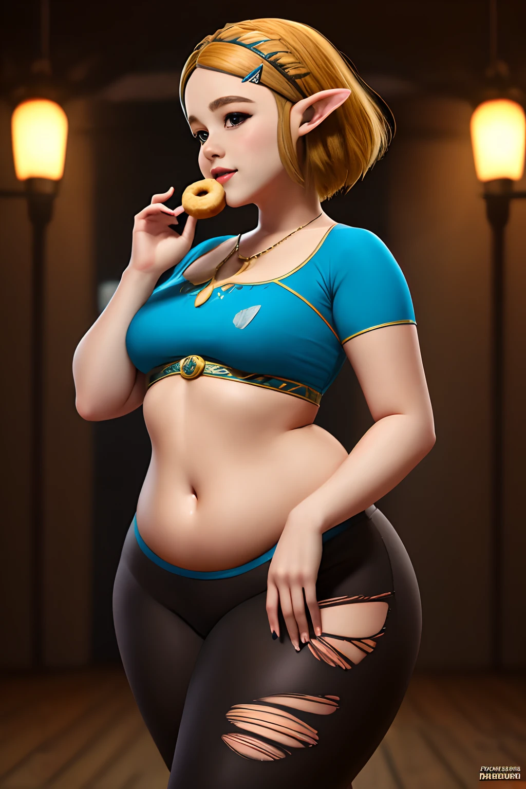 masterpiece, best quality, photorealistic, small smile, solo, (detailed eyes:0.9), Zelda, BotW, eating donut, cute beautiful face, cutie, young, 75kg, BotW tight clothes, torn clothes, very chubby, sexy, soft, curvy, very plump, fat rolls, chubby belly, belly rolls, love handles, muffin top, blonde, short hair, thunder thighs