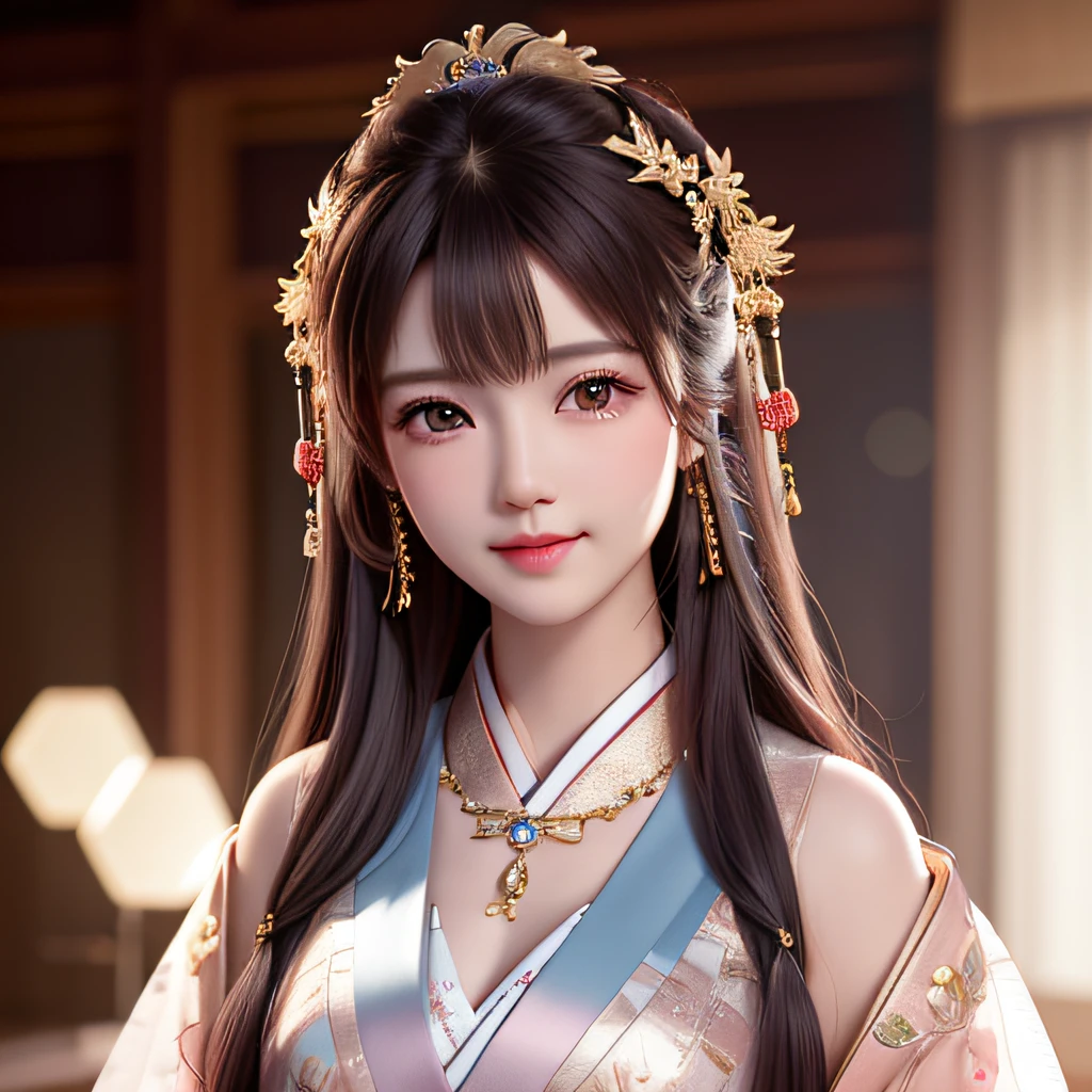 best quality, masterpiece, highres, 1girl,blush,(seductive smile:0.8),star-shaped pupils,china hanfu, princess, very luxury, hair ornament,necklace, jewelry,Beautiful face,upon_body, tyndall effect,photorealistic, dark studio, rim lighting, two tone lighting,(high detailed skin:1.2), 8k uhd, dslr, soft lighting, high quality, volumetric lighting, candid, Photograph, high resolution, 4k, 8k, Bokeh