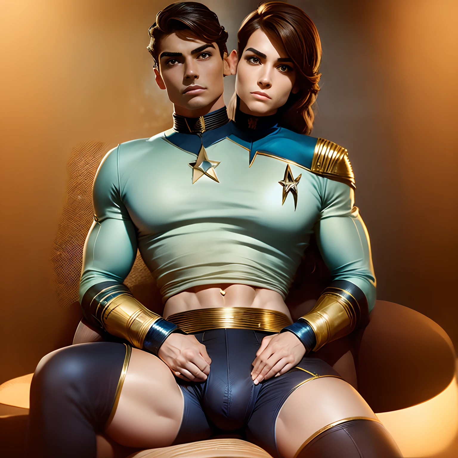 2heads:1.5, blonde man, mexican man 18 years old, black straight hair, wide hips,wide shoulders, perky breasts, no facial hair, no body hair, feminine face,  thin waist, (big bulge:1.5),brown hair,very thick rimmes,smiling skinny, wearing a  star trek suit,, delicate body hair visible, sitting at a star trek set, very detailed and realistic skin with some body hair on arms, some minor blemishes on face, acne,pov, looking away into the distance