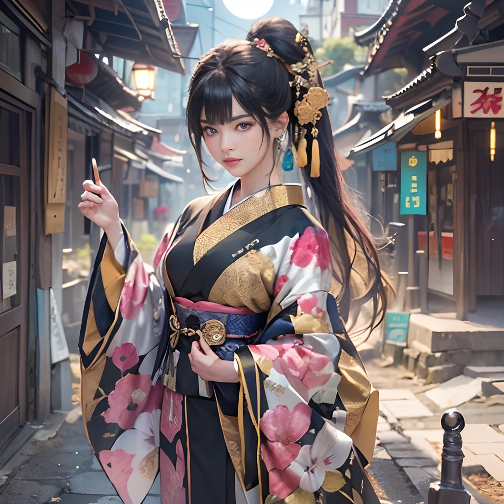 watching at viewers、Background with((ancient city:1.2)And the moon、(dense background:1.5))、BREAK {{{Luxury kimono(Colorful kimono(Detailed golden embroidery,))}}}、face perfect,Depict a beautiful and graceful woman of Japan,poneyTail、Woman with shiny black hair、perfect hand,Heart in the eye。odd eye,full body Esbian,Blur the background with a sickle,((masutepiece)), ((Best Quality))Wallpapers 16K, .Blur the background with a sickle,BREAK,((masutepiece)), ((Best Quality)),epicd(Lige Fries Photography、sony a7、50 millimeters、pores:1.5、Farbe、ultra-detailliert:1.5、film grains:1.4、hyper realisitic:1.5)、octan render、 ultra realistic lifelike textures、masterpiece、unrealengine5、the Extremely Detailed CG Unity 8K Wallpapers、Madly detailed photo、Ultra-realistic light、(Pulitzer Prize for Best Photography、Taylor Wessing Award for Best Photography)