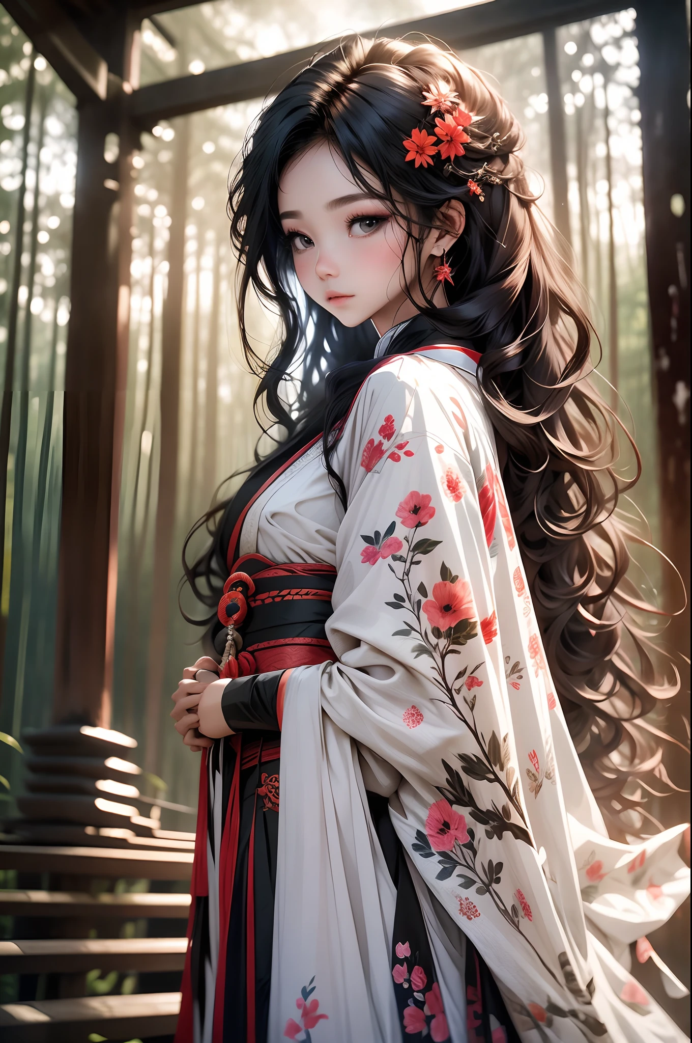 17-year-old girl, standing in forest, wearing a hanfu, Curly hair, Chiaroscuro, vanishing point, hyper HD, Best quality, A high resolution, 1080p, ccurate