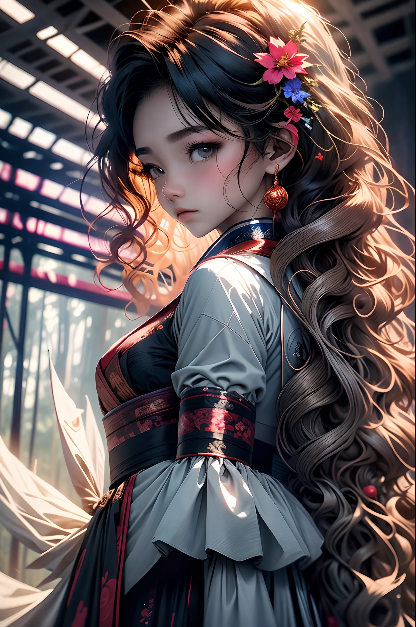 -yeld gi standing in forest, wearing a hanfu, Curly hair, Chiaroscuro, vanishing point, hyper HD, Best quality, A high resolution, 1080p, ccurate