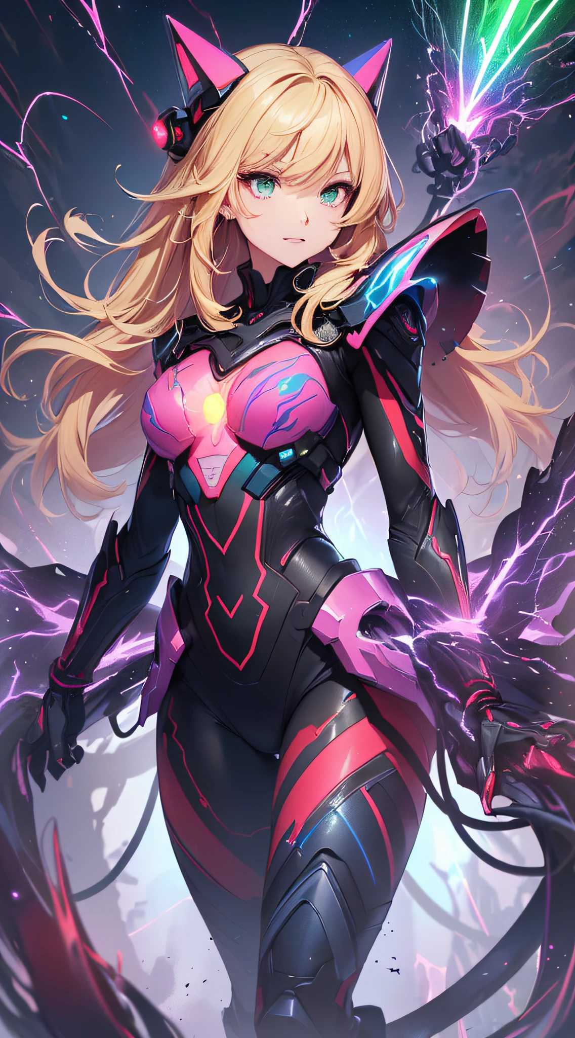 top-quality、Top image quality、masterpiece、Android Girl((14years、Red, Black and blue glowing cybersuit、Blue energy source for the chest,Best Bust、Bust 90、Blonde Away Tail、Blue-green eyes、open chest wide、Valley、Happiness、A slender、Warlike face、Stand at the front、Countless cable connections throughout the body、Particles of light、Sharp claw arm,Two-armed laser cannon、Bruised body))hiquality、Beautiful Art、Background with((Blue lighting、Green particles、Red Laser Pointer、Purple swirl,Yellow flash、Pink lightning))、masutepiece、Elaborate design、visualart、Theatrical films