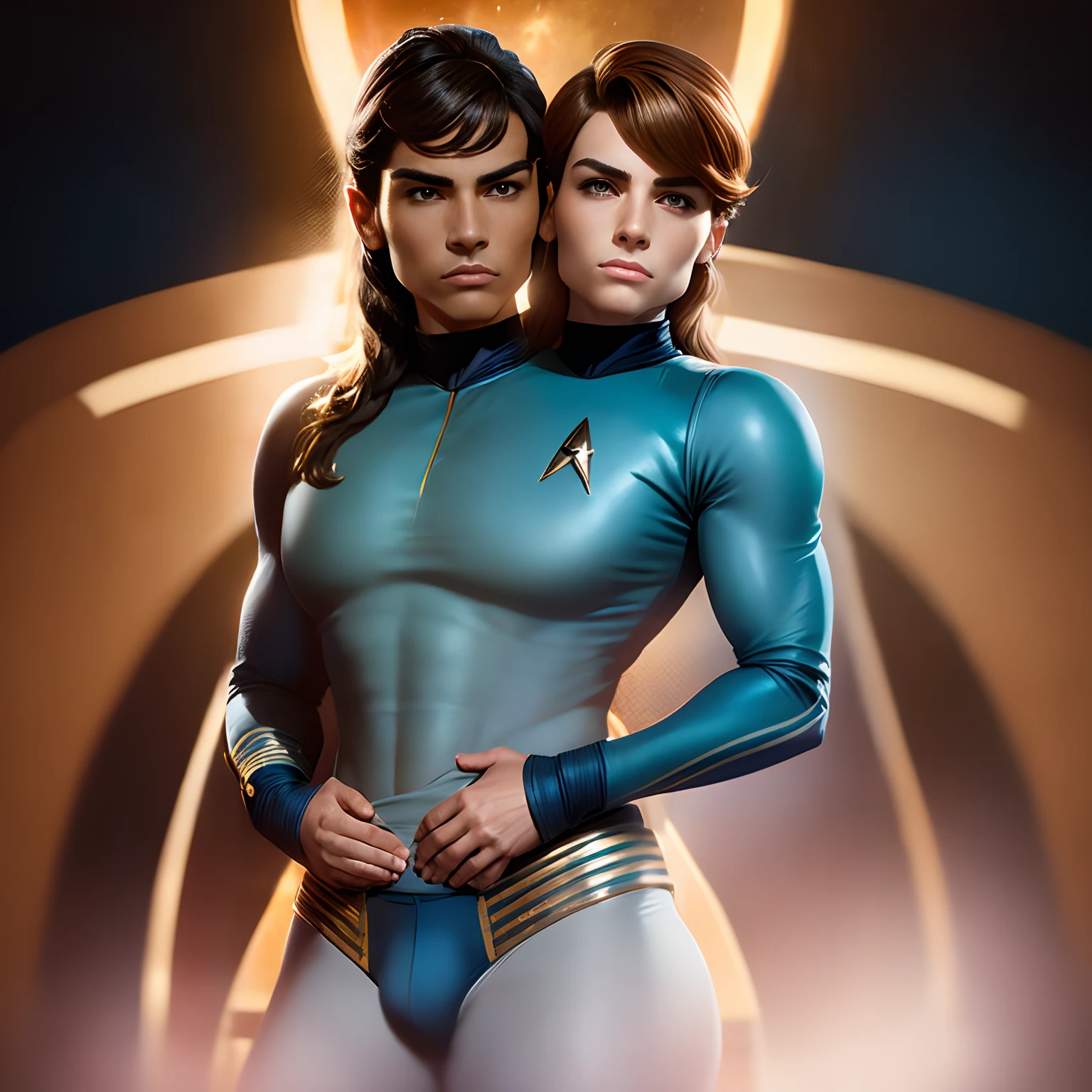2heads:1.5, blonde man, mexican man 18 years old, black straight hair, wide hips,wide shoulders, perky breasts, no facial hair, no body hair, feminine face,  thin waist, (big bulge:1.5),brown hair,very thick rimmes,smiling skinny, wearing a  star trek suit,, delicate body hair visible, sitting at a star trek set, very detailed and realistic skin with some body hair on arms, some minor blemishes on face, acne,pov, looking away into the distance
