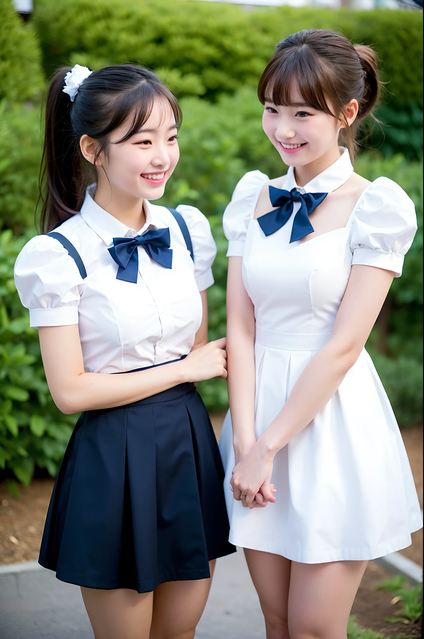 2 girls standing in school yard,white ruffled dress,navy blue bow tie,18-year-old,bangs,a little smiles,thighs,knees,ponytail,from below