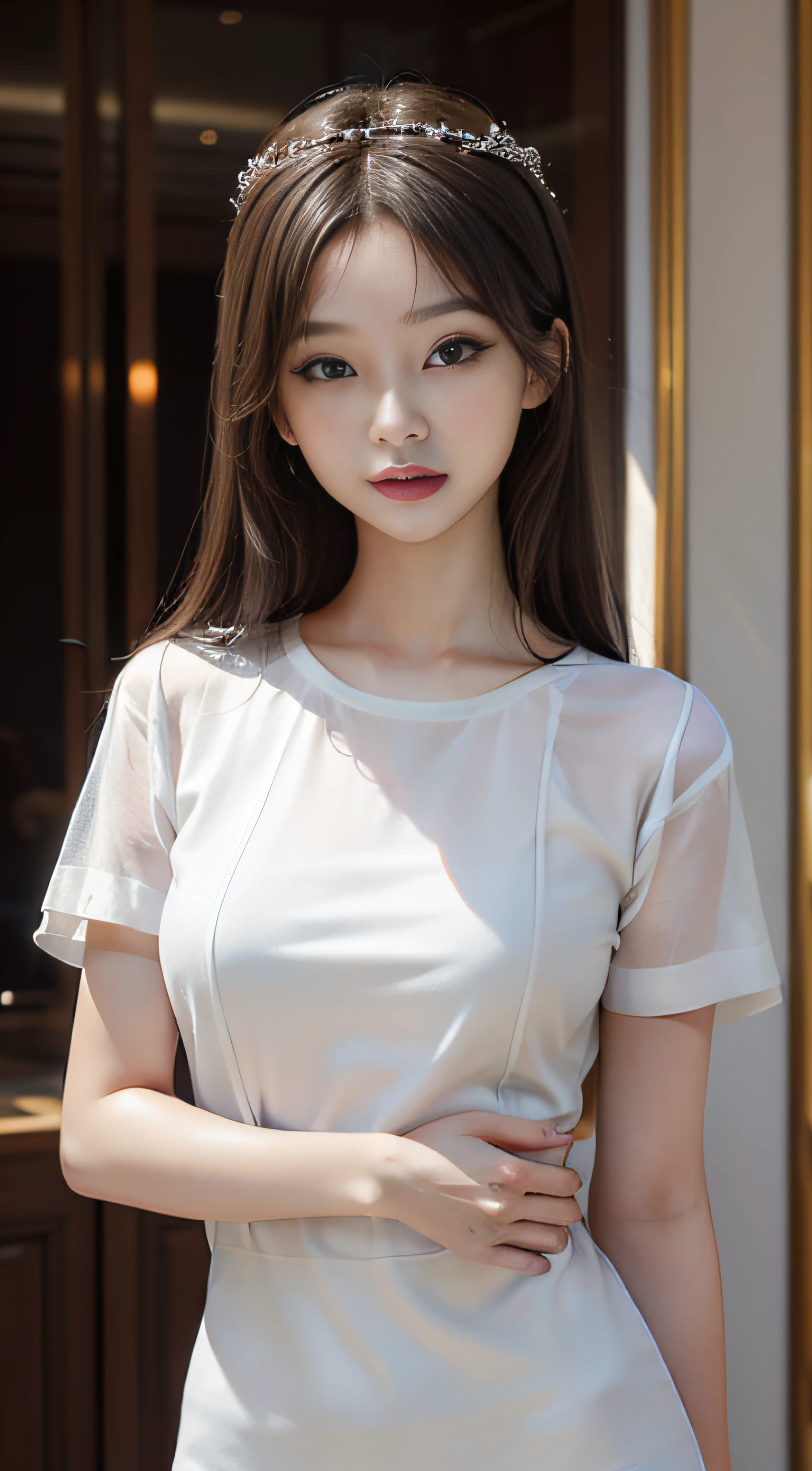 ​masterpiece、Top image quality:1.2、((beautiful young woman with))、Transparent skin:1.2、{A slight smil}、(kawaii)、Transparent short sleeve knit:1.2、luxury hotel、depth of fields、Sharp Focus:1.5、Fine details