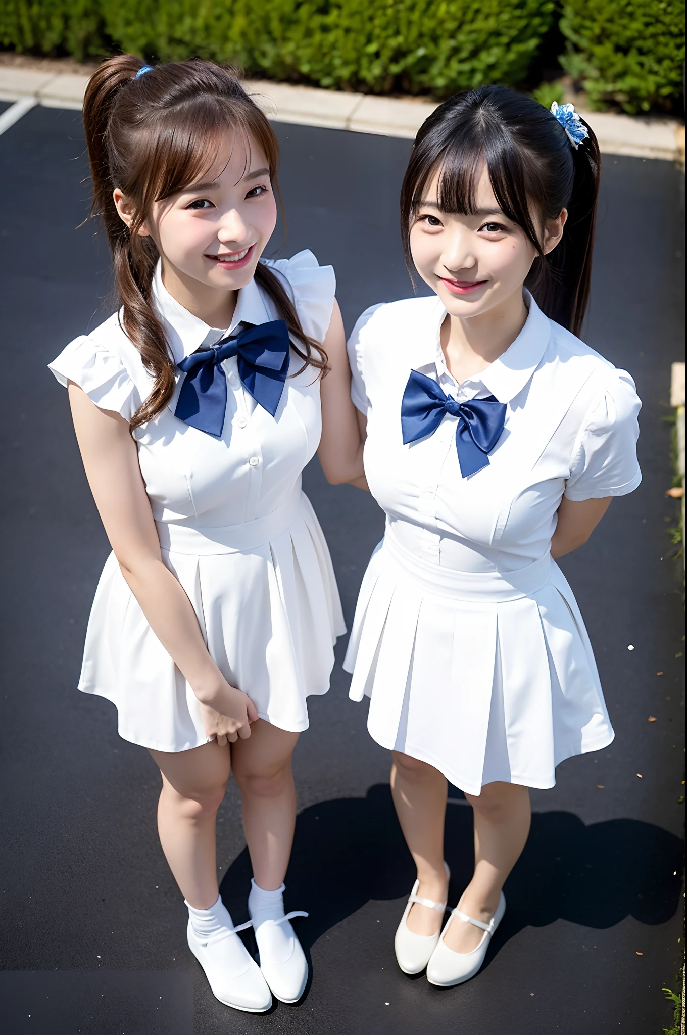 girls standing in school yard in autumn,short-sleeved white leotard with navy blue pleated-skirt-style ruffles,red bow tie,18-year-old,bangs,a little smiles,thighs,knees,crotch,low ponytail,from below