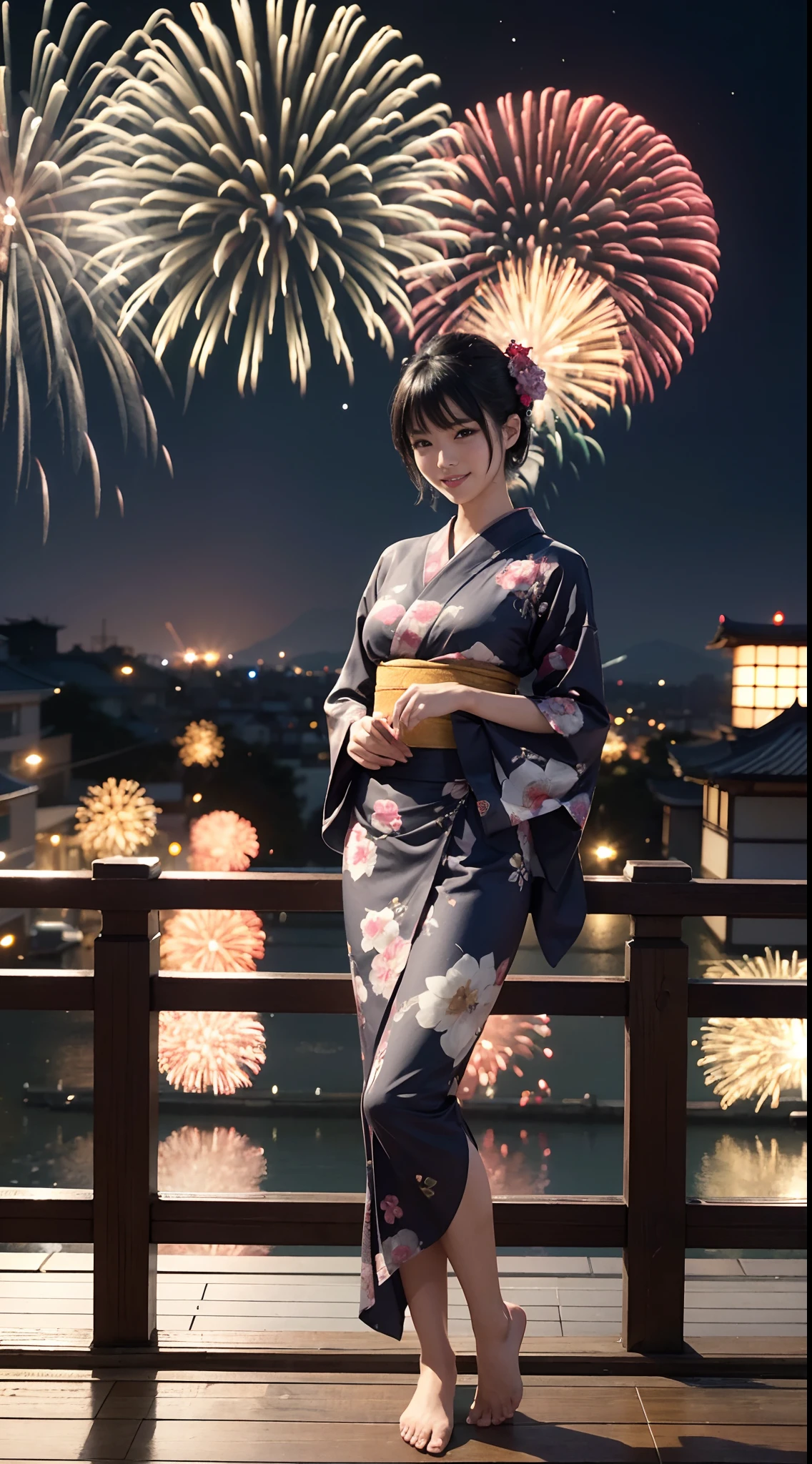 ((masterpiece)), best quality, Full body, solo, Japanese woman, tall body, sexy body, sexy, enchanting, tight skin, big and firm breasts, (wearing a yukata), smile, (masterpiece, best quality, detailed skin texture, detailed fabric texture, beautiful face details, intricate details, very detailed ), Short black hair, dynamic pose, on the roof, Tokyo street ,night, cityscape, city lights, fireworks festival,((fireworks in the sky)) ,