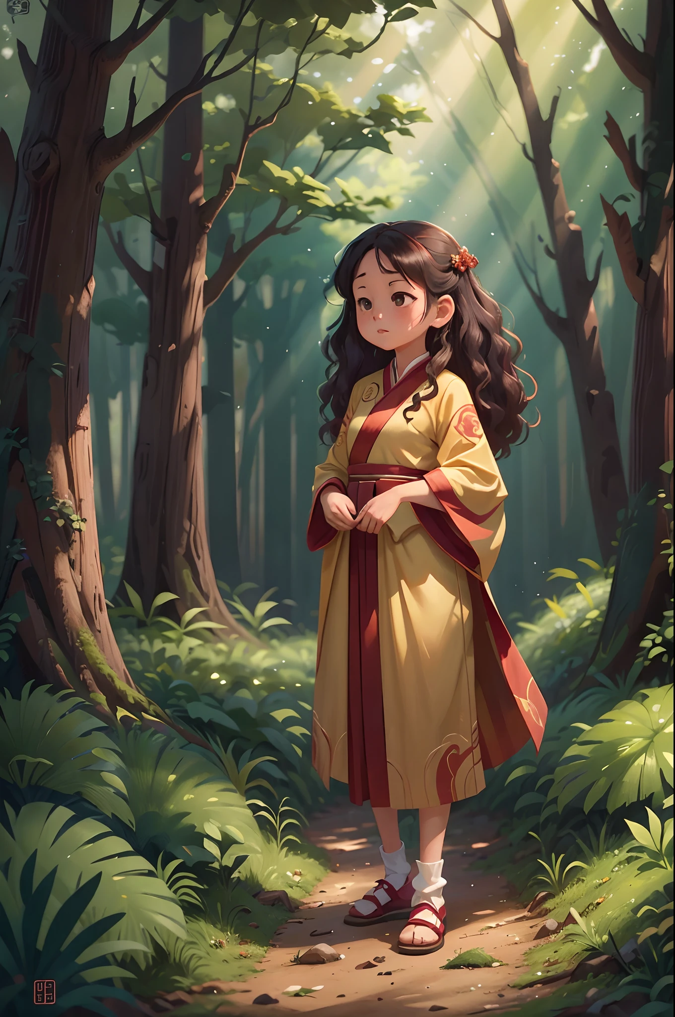 , standing in forest, wearing a hanfu, Curly hair, Chiaroscuro, vanishing point, hyper HD, Best quality, A high resolution, 1080p, ccurate