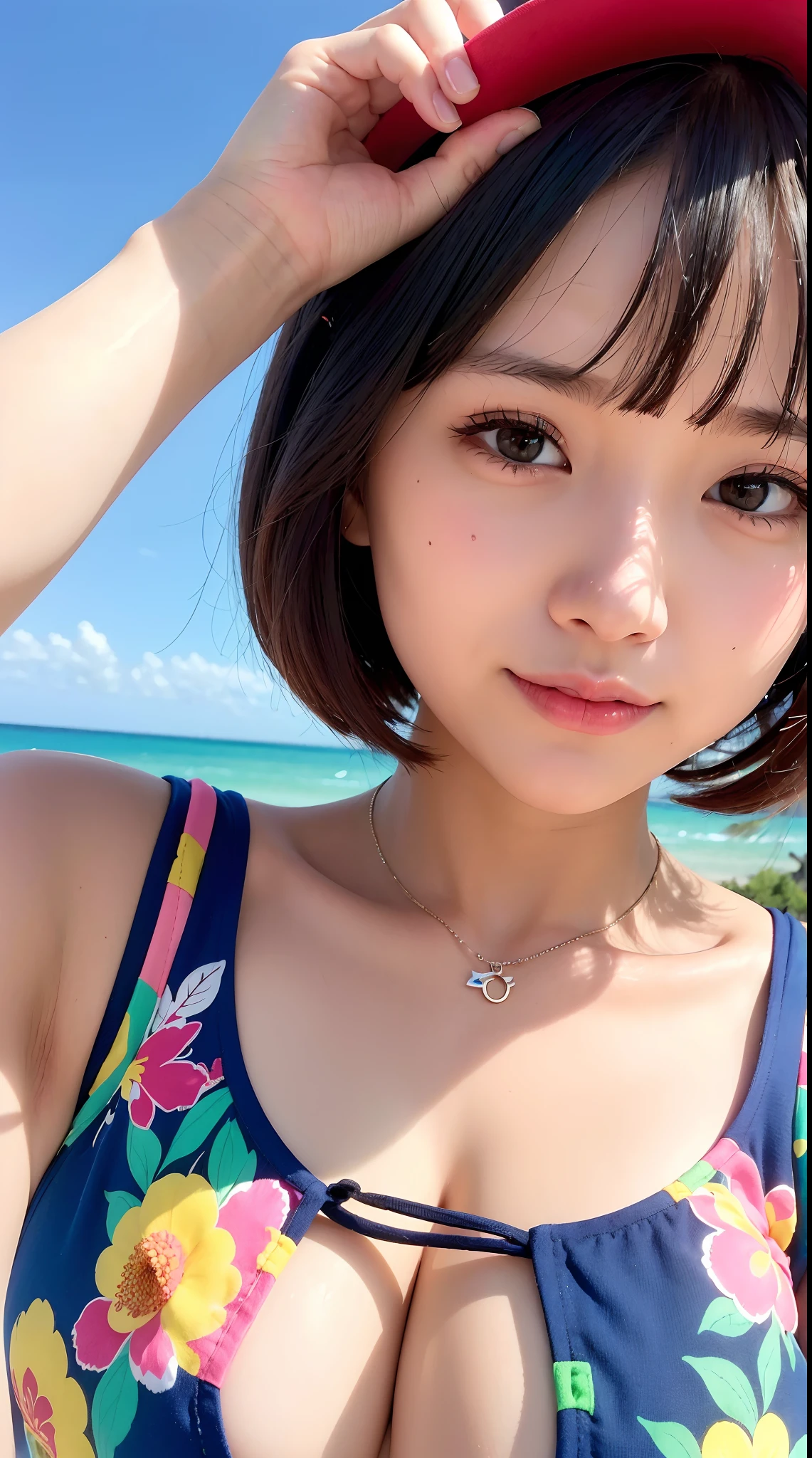 (yinchuan:1.5), (a closeup:1.5),Colorful floral bikini、bob cuts、Colossal tits、years、 Lori、A smile:1.3、Blue Sea、the beach、​masterpiece, top-quality, Raw foto, Photorealsitic, faces, unbelievable Ridiculous, beautiful a girl, cute little, shorth hair, depth of fields, hight resolution, ultra-detailliert, finely detail, ighly detailed, extremely detailed eye and face, Sharp pupils, Realistic pupils, foco nítido, Cinematic lighting