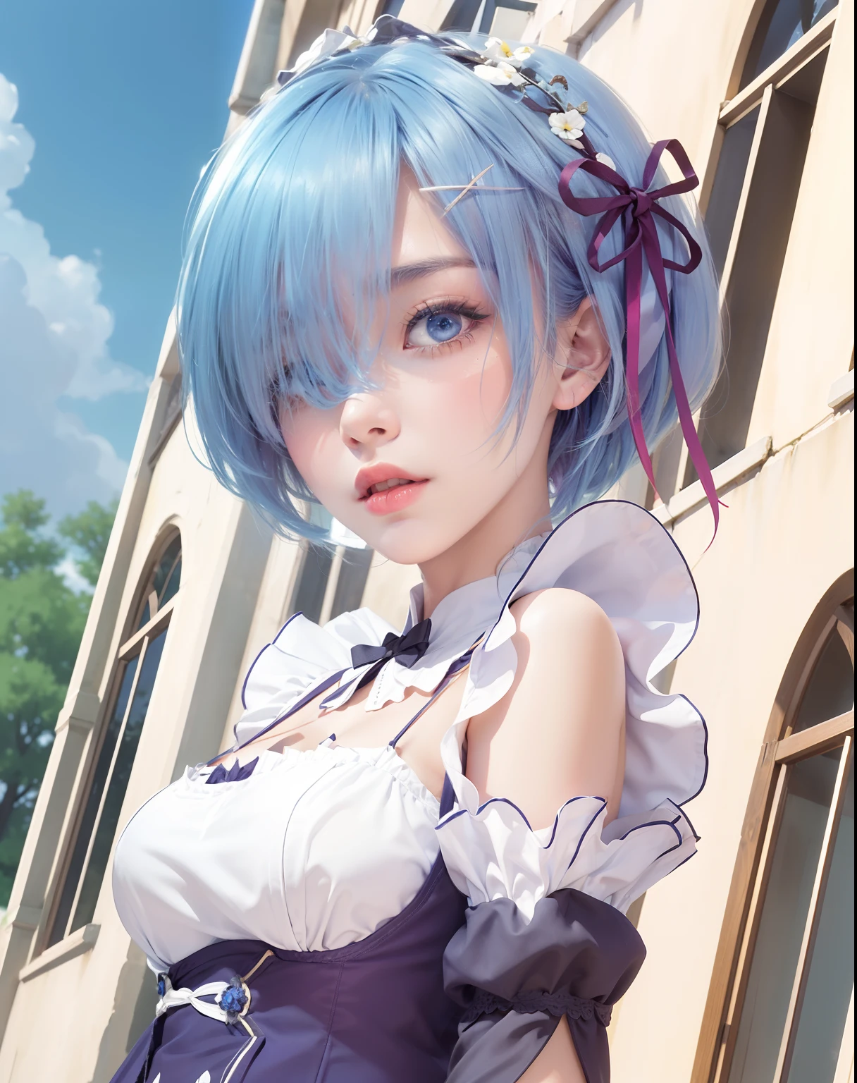 masterpiece, best quality, ultra-detailed, illustration, epic lighting, cinematic composition, colorful, sharp:1.3, 1girl, rem_\(re:zero\), medium breasts, blue hair, short hair, (hair over one eye:1.3), eyes_visible_through_hair, blue eyes, roswaal_mansion_maid_uniform, apron, white thighhighs, garter straps, standing, upper body, outdoors, mansion, summer, garden, flowers, trees, grass, bushes, sunlight, (extremely detailed CG:1.2), (8k:1.1),