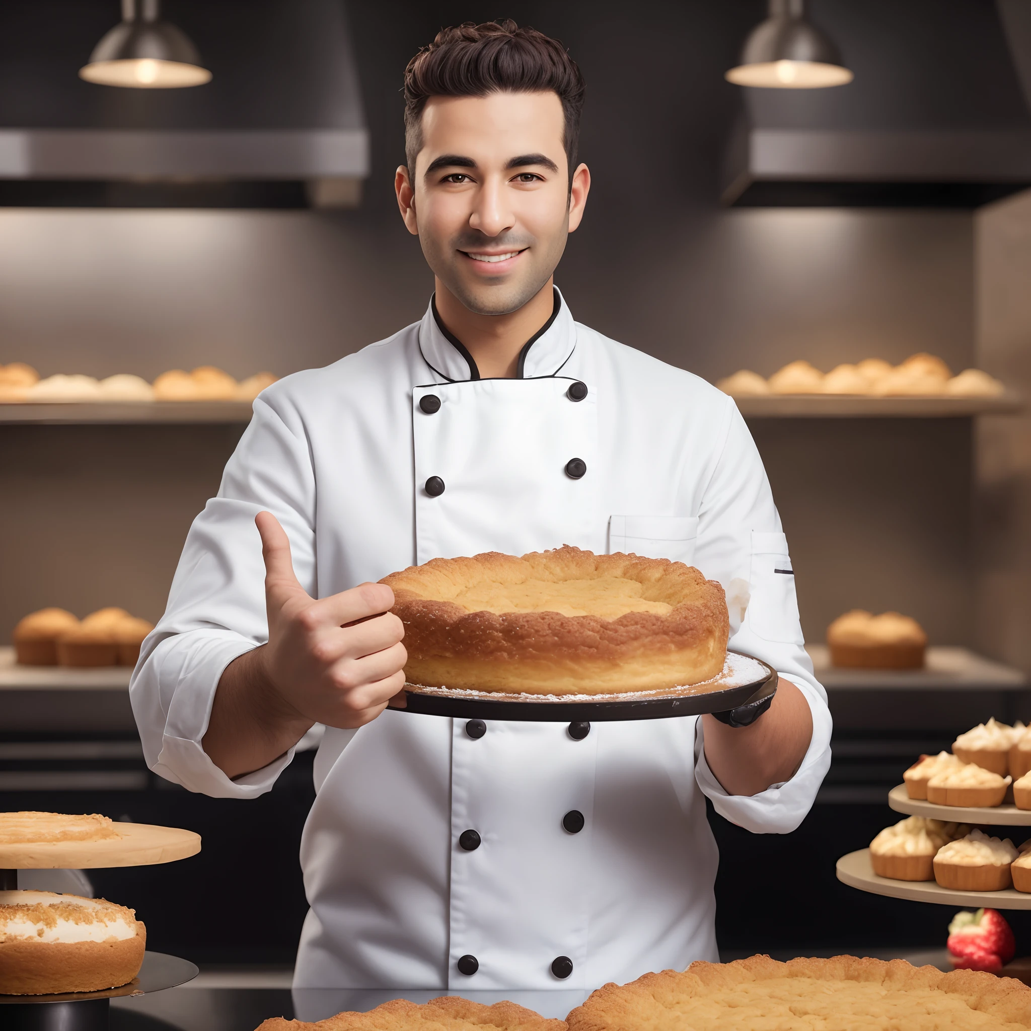 arafed male baker holding a cake in front of a counter of cakes, pastry, baking a cake, cake in hand, dressed as a pastry chef, food commercial 4 k, stock photo, shutterstock, fresh bakeries in the background, bakery, professional, istock, professional food photography, professional food photo, happy chef, yummy, cooking show, best chef