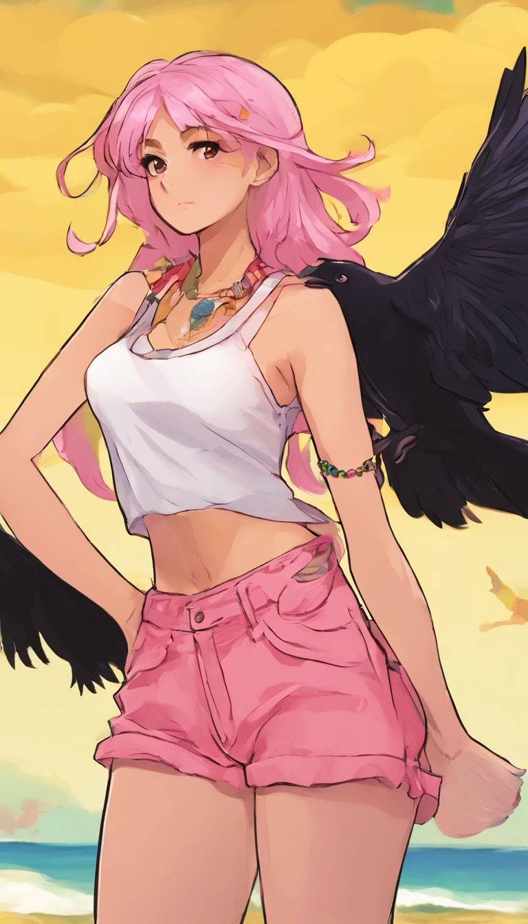 a woman stokke in a white top and pink shorts is standing next to a bike with a yellow background and, by Quentin Tarantino, 1girl, bracelet, ((raven colored hair)), jewelry, letterboxed, lips, long_hair, makeup, medium_breasts, midriff, nail_polish, navel, necklace, nose, orange_sky, pink_shorts, realistic, shorts, solo, sun, sunset, tattoo,wristband, yellow_background, yellow_sky, beautiful detailed glow, detailed, Cinematic light, intricate detail, highres, detailed facial features, high detail, sharp focus, smooth, aesthetic, extremely detailed, stamp, octane render,