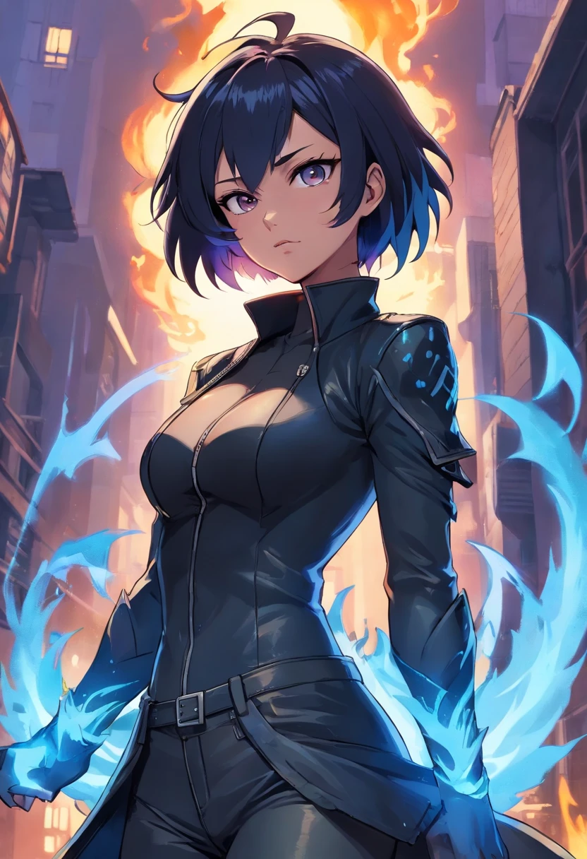 Certainly, here's a description of a female version of Dabi, the villain from Boku no Hero Academia:
Name: Devana
Appearance:
Devana is a woman of average height with long, flowing black hair that cascades down her back, often tied in a messy ponytail. Her eyes are piercing and intense, standing out against her pale skin. She has a slim yet athletic physique, with a series of mysterious burns covering much of her body.
Outfit:
Devana wears a villain costume that maintains the essence of Dabi's original look but with a feminine twist. She sports a faded black leather jacket with torn sleeves and adorned with silver insignias. Underneath the jacket, she wears a high-necked black blouse that conceals her burned skin. She also dons tight pants and knee-high black leather boots.
Personality:
Like Dabi, Devana is enigmatic and possesses a dark personality. She is incredibly intelligent and strategic, capable of devising complex plans to achieve her goals. She's impulsive and unafraid to confront challenges head-on. Despite her intimidating appearance, Devana is a solitary individual and carries the weight of her painful past.
Quirk (Power):
Devana possesses a Quirk known as "Frigid Flames." She can create and control icy blue flames that burn at extremely low temperatures. These flames not only inflict physical damage but also freeze anything they touch. She uses her abilities to create ice barriers, attack her enemies, and exude an aura of coldness around her.
Background Story:
Devana's background story is shrouded in mystery, much like Dabi's. She conceals her true name and history, keeping her past a secret. It's known that she has a complicated relationship with the League of Villains and seems to have a personal interest in challenging prominent heroes, much like Dabi.
Devana is a formidable and mysterious villain, whose appearance puts both heroes and villains on edge. She is a female version of Dabi who brings her own set of skills and intrigue to the world