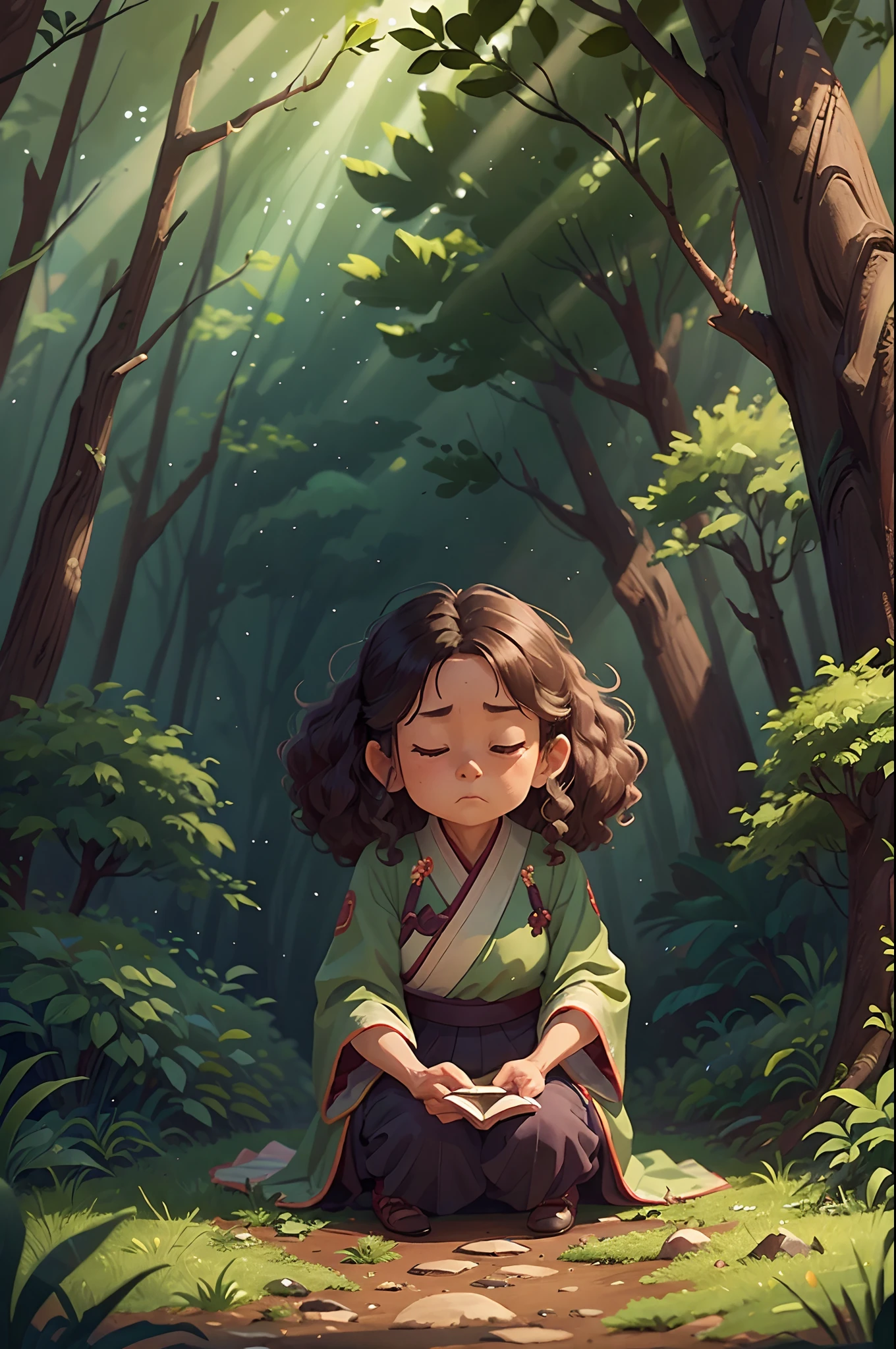 An elderly woman, Kneel on the ground in the forest, wearing a hanfu, Curly hair, Chiaroscuro, vanishing point, hyper HD, Best quality, A high resolution, 1080p, ccurate