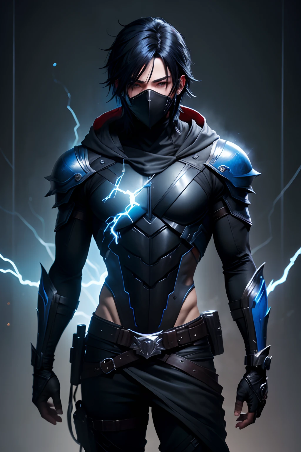 male character, with hood, final fantasy, blue neon, mask, black hair, black lightning, different portions, dark, red eyes, full shoulders