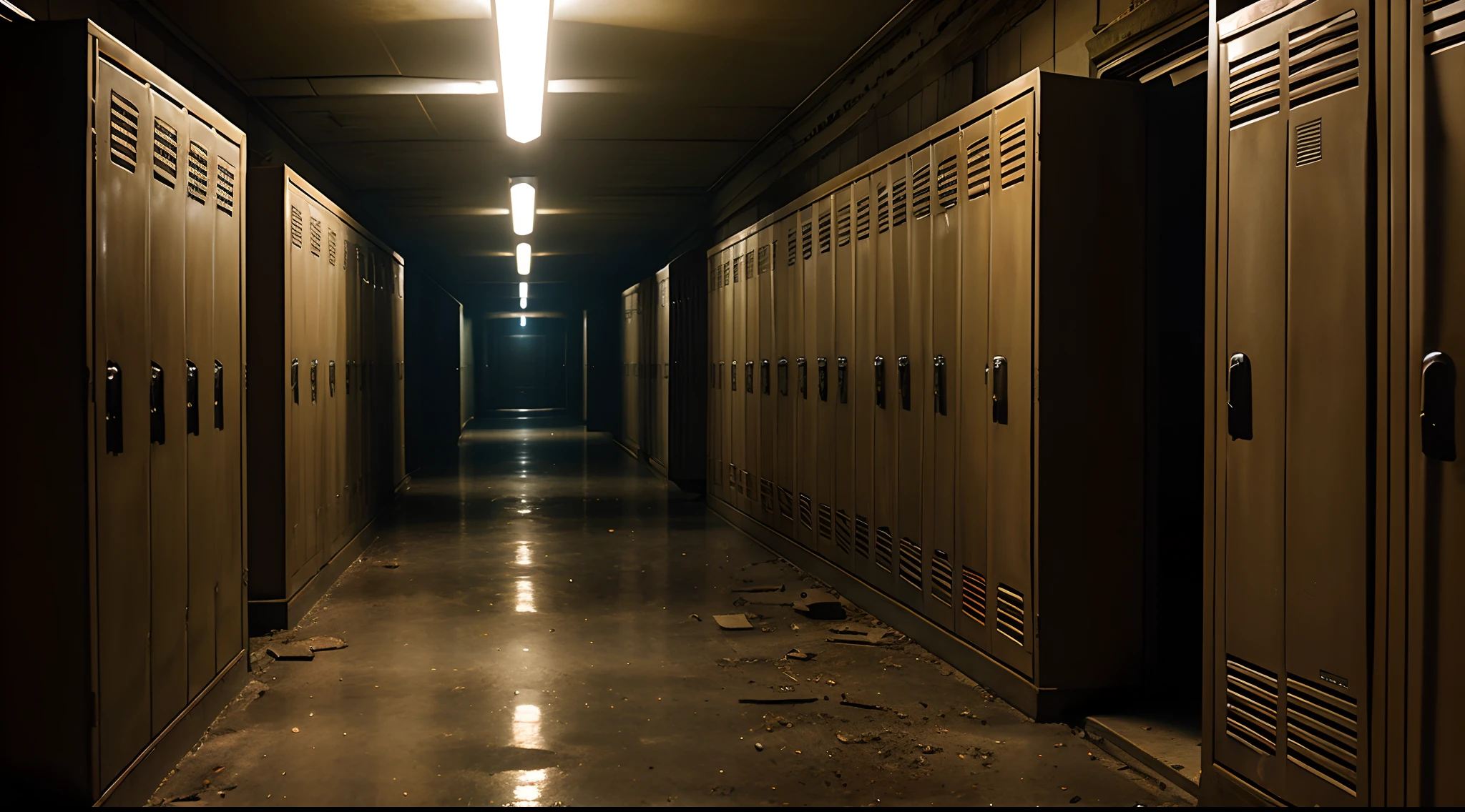 Dusty lockers line a decrepit hallway lit by iPhone flashlights