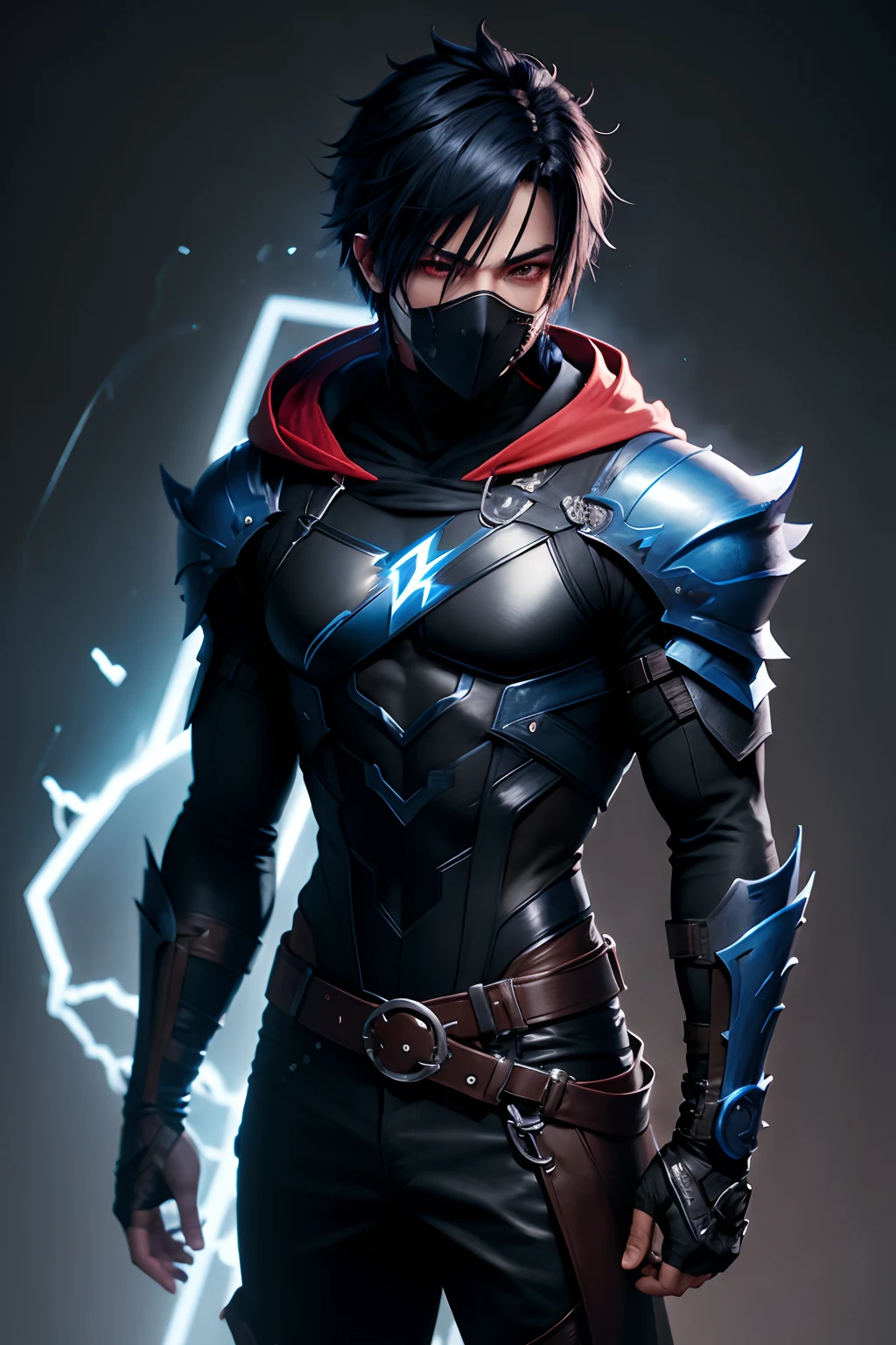male character, with hood, final fantasy, blue neon, mask, black hair, black lightning, different portions, dark, red eyes, full shoulders