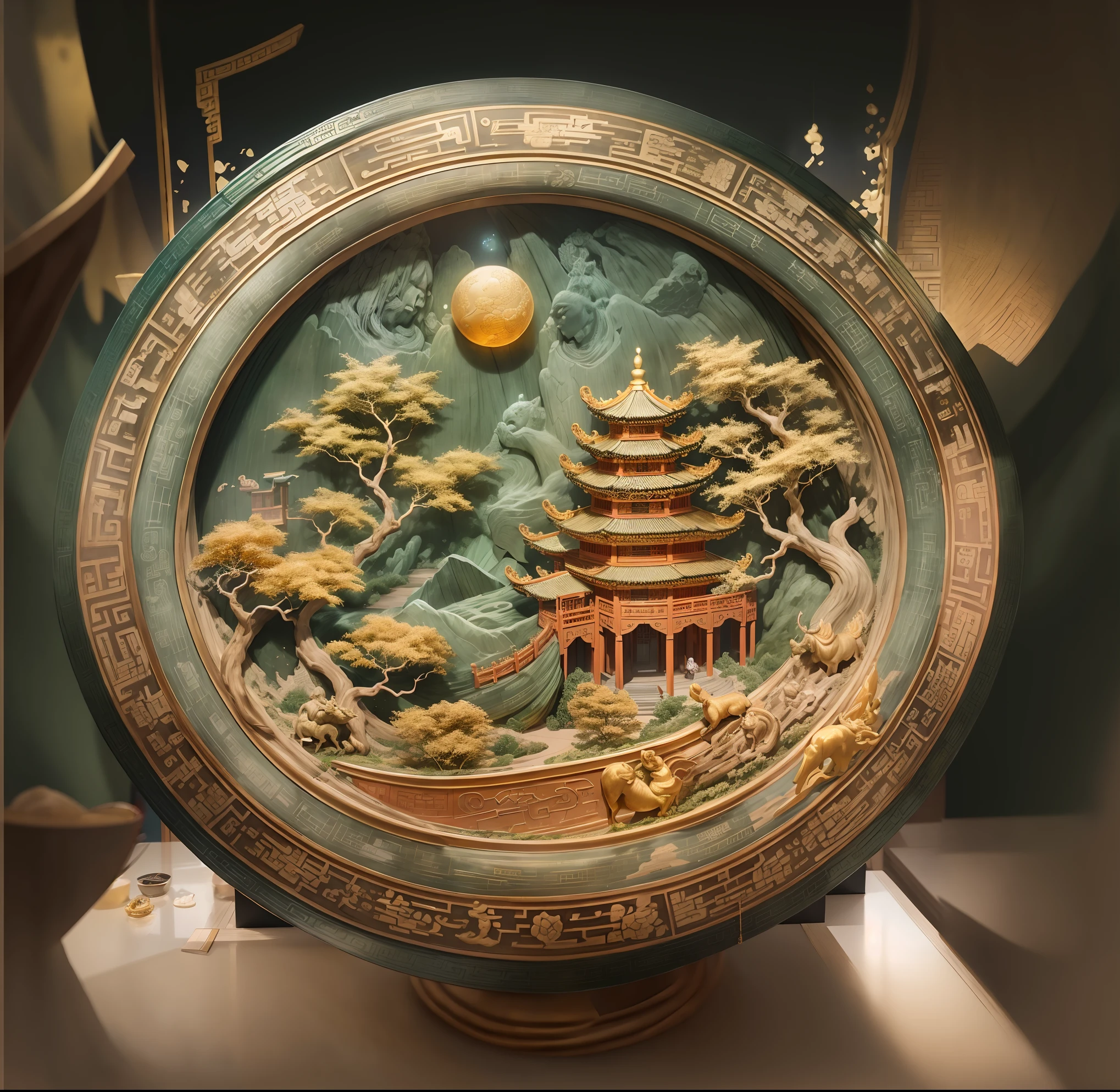Jade-colored Chinese round jade in the British Museum display case, Traditional carving,Embossing technique,It is carved with elements of the Chinese Mid-Autumn Festival,The moon is carved on the jade、Fairy and Chang'e and other motifs,With its exquisite craftsmanship and delicate ornamentation,Presents the mysterious and gorgeous Chinese elements of the Moon Palace,(Made of topaz and gold,Matte surface,Worn),Ancient Chinese court royal style, Layered translucent,Light orange and green, Fine lines and intricate details,Cinematography, Epic light and shadow, High contrast, Professional photography,in a panoramic view,Faraway view