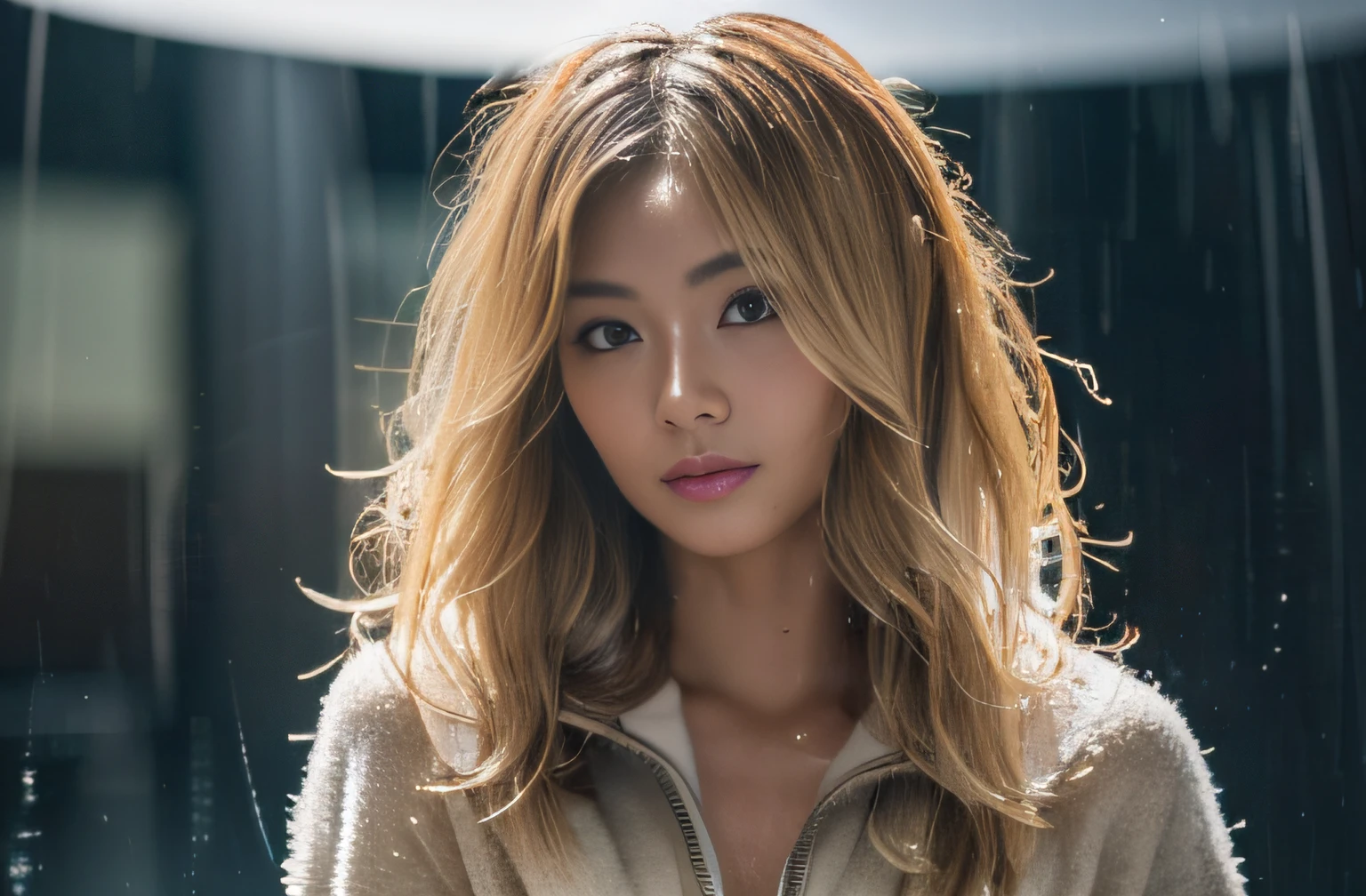 (masterpiece:1.2), ultra detailed, ultra high res, (realistic, photo realistic:1.37), high detail RAW color photo, professional photograph, an extremely delicate and beautiful, extremely detailed, finely detail, huge file size, extremely detailed beautiful girl, extremely detailed face, extremely detailed eyes, extremely detailed skin, extremely detailed nose, extremely detailed mouth, perfect anatomy, highly detailed background, shiny skin, (Japanese famous actress:1.2), (gyaru:1.25), flat chest, (brown race, dark skin, blond hair:1.55), very shortcut hair, (hoodie:1.0), hood up, (midriff peek:1.2), (heavy rain:1.4), (wet hair, wet skin:1.4), water drops, (full body:1.3), cinematic lighting, (dynamic pose:1.35), (shibuya:1.35)