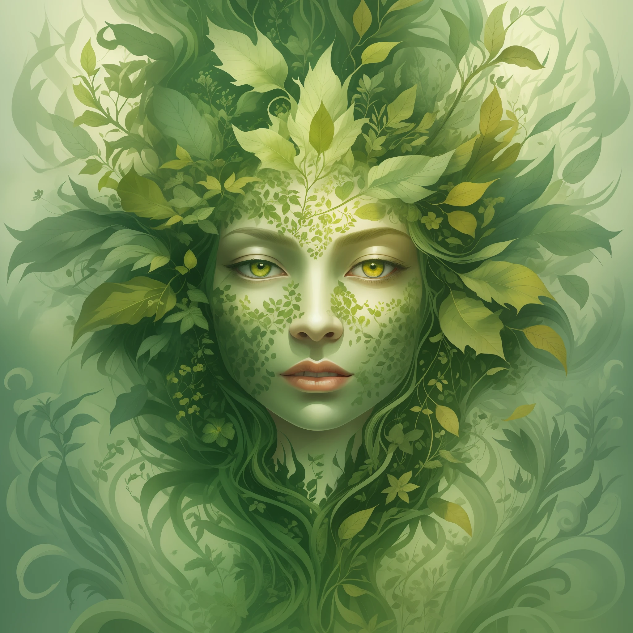 painting of a woman with green leaves on her head, personification of marijuana, princess of cannabis, fey queen of the summer forest, goddess of nature, queen of nature, goddess of the forest, made of leaves, portrait of a dryad, forest fae, leaf hair, weed, forest dryad, loish and wlop, queen of the forest