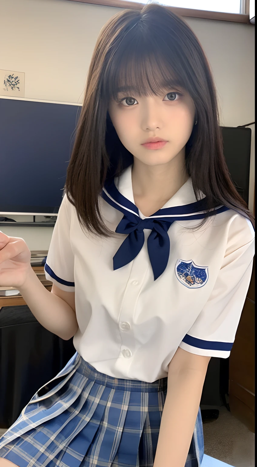 (Top Quality, 8K, Masterpiece: 1.3)), Focus: 1.2, Perfect Body Beauty: 1.8, Ass: 1.2, ((Layered Haircut, Breasts: 2.5)), Japan High School Girl, Sailor Suit Worn by Japan High School Students, JK, (School, Classroom), Highly Detailed Face and Skin Texture, Big Eyes, Tanuki Face, Double Eyelids, Whitened Skin, Shoot Cut