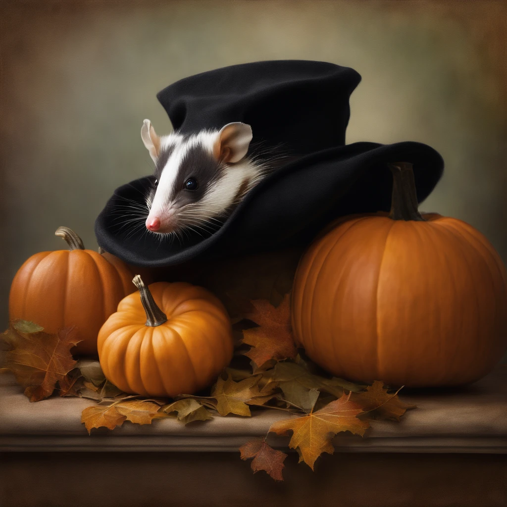 oil painting, american opossum sitting inside of pumpkin wearing a black witches hat,still life background,fall day,high res.high detail,