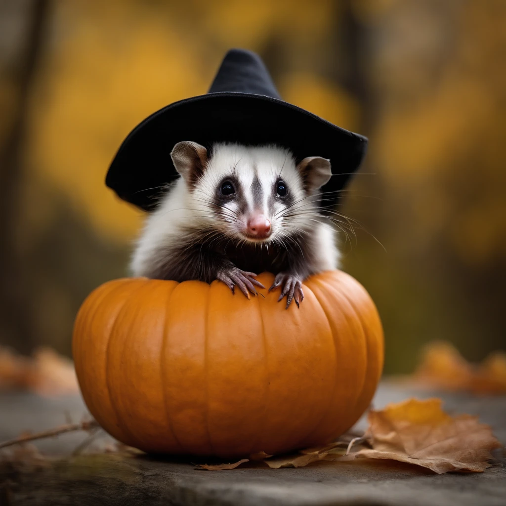 oil painting, american opossum sitting inside of pumpkin wearing a black witches hat,still life background,fall day,high res.high detail,