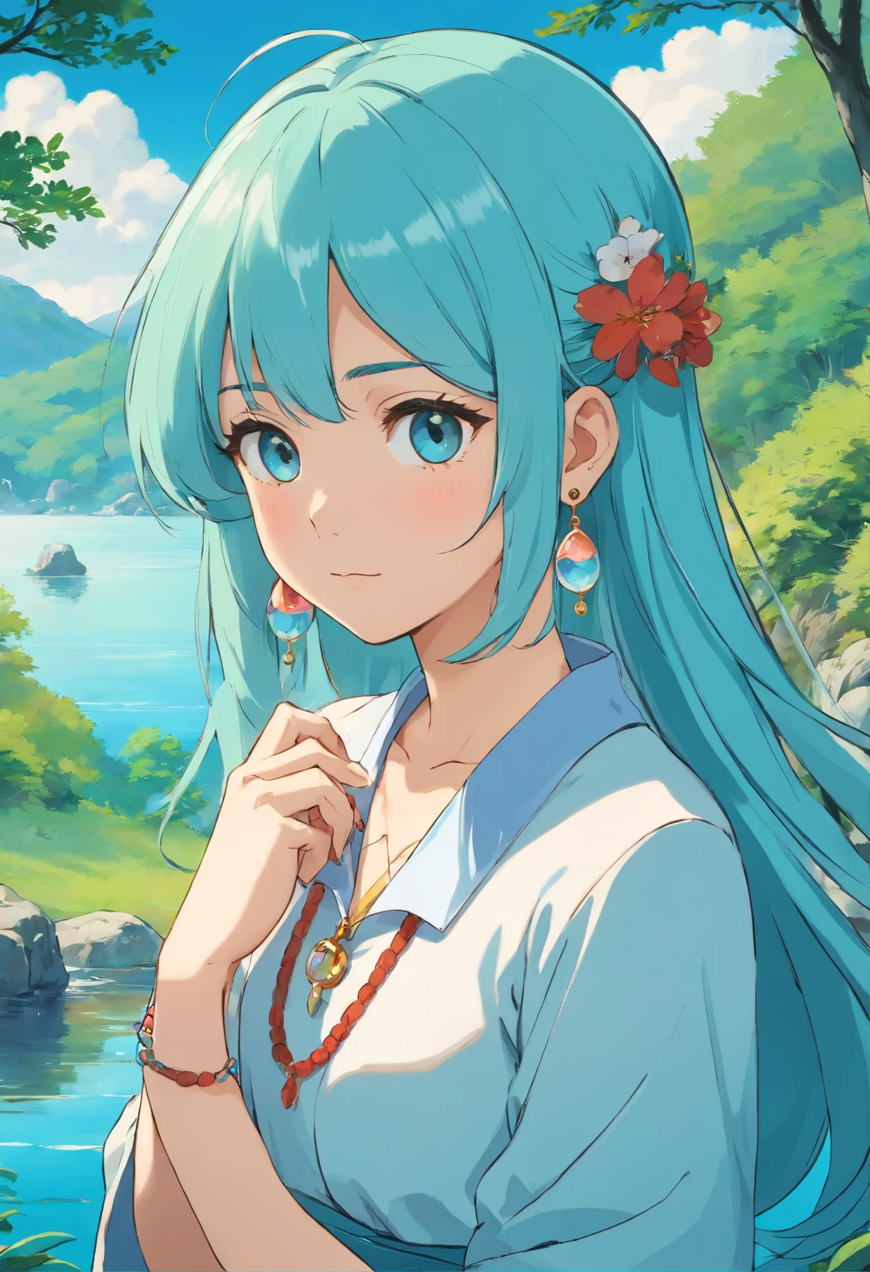 Anime Collar Girl, Long necklaces and earrings, In the style of a tranquil lakeside landscape, colorful animation stills, Masami Teraoka, aquamarine, paul gauguin, Embry style, Honest portrayal