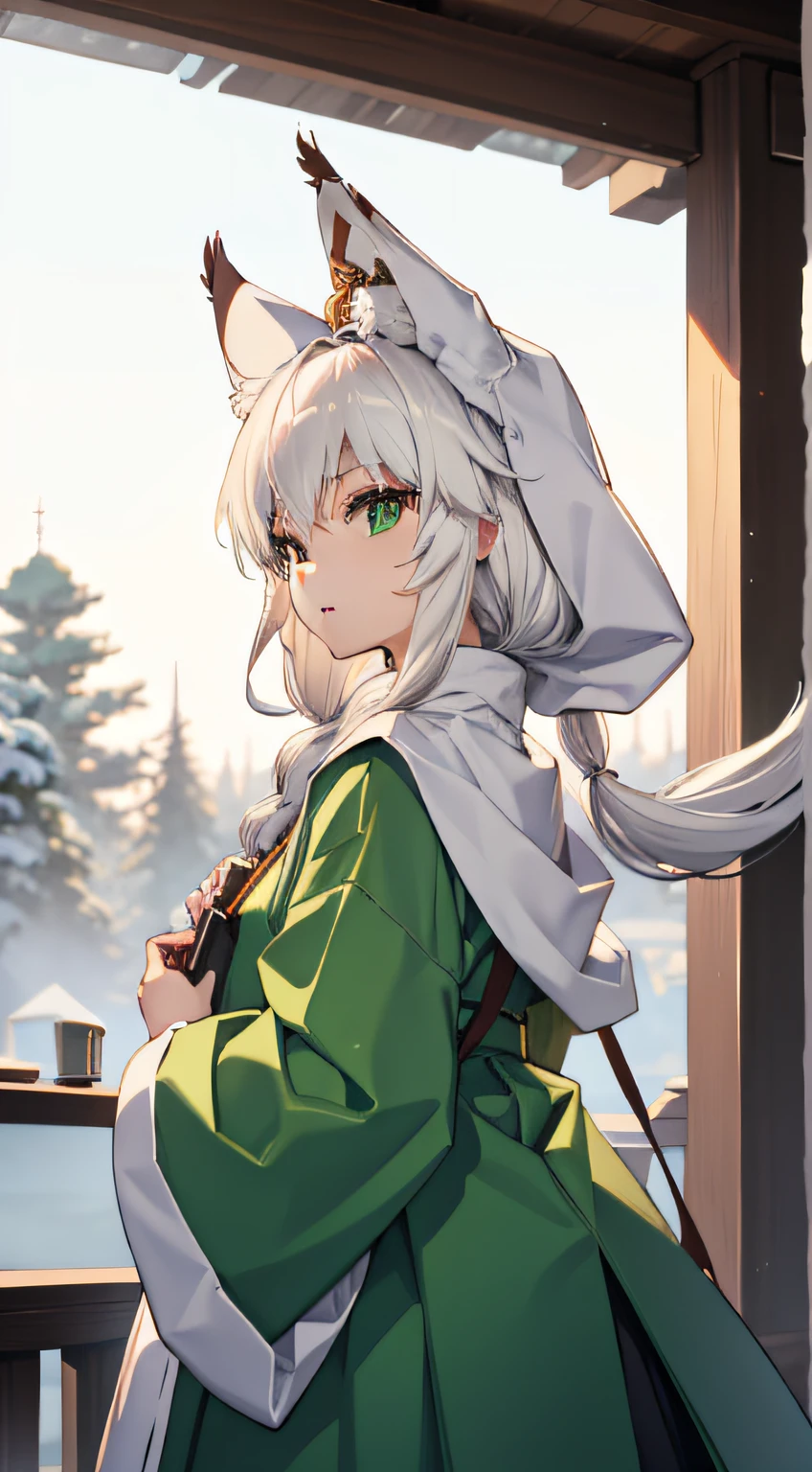 1 person Green eyes Fox ears White hair Sky hat Standing Looking into the camera Night Shrine