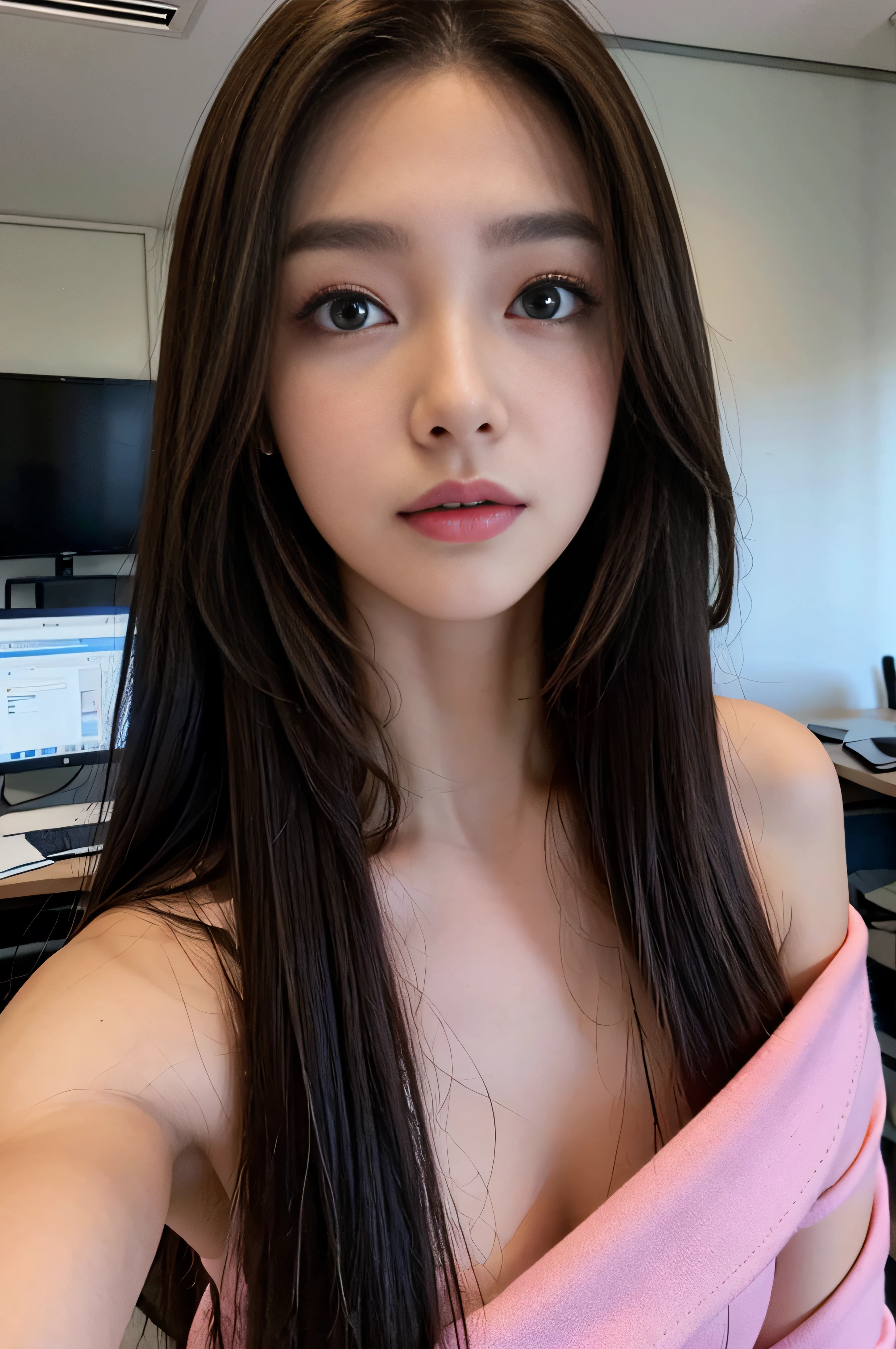 Brown-haired woman, Black Executive Suit, Looking forward, Long hair, Sweet look, Blue eyes, Pink Eyeshadow, Inside the office.NSFW,panthyhose