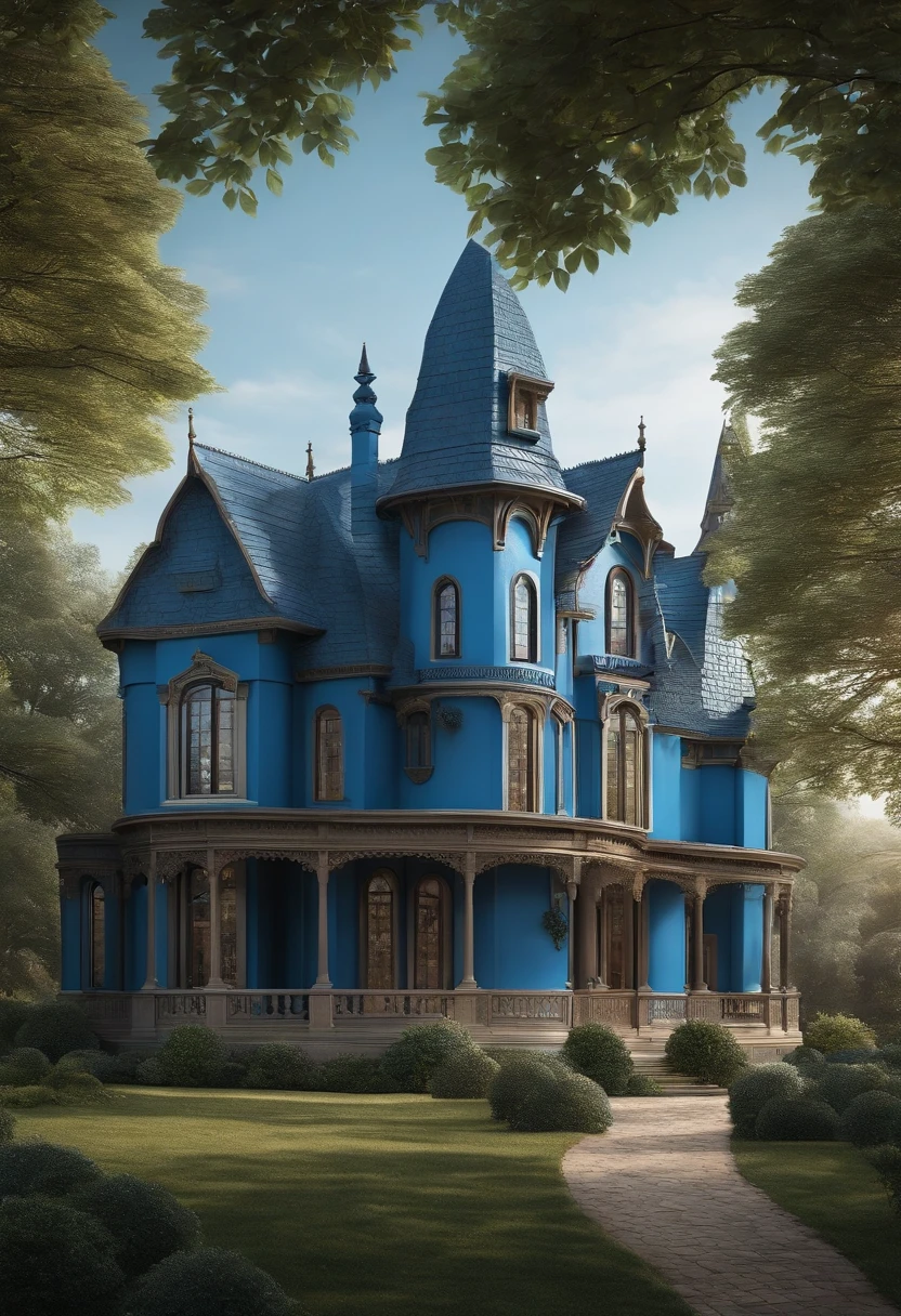 A simple house color blue that look like a castle but simple that has a connection with art show only the outside