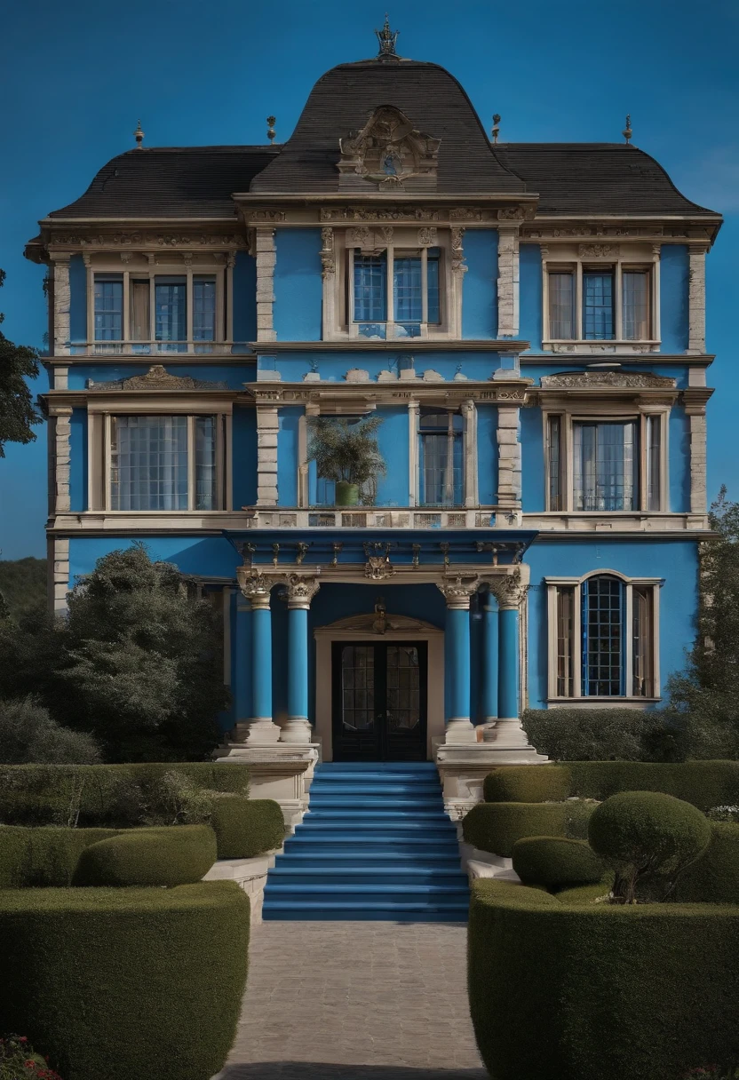 A simple house color blue that look like a castle but simple that has a connection with art show only the outside